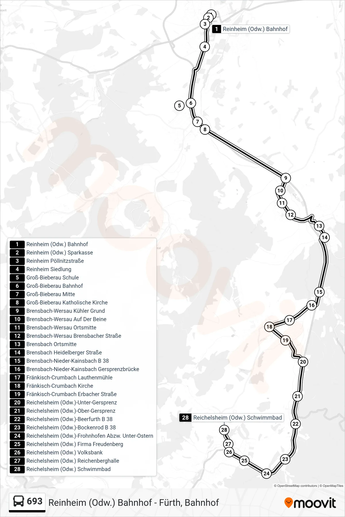 693 bus Line (Reichelsheim (Odw.) Schwimmbad) route and stops on a map