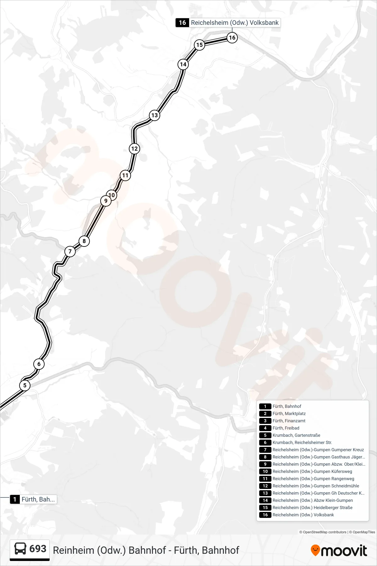 693 bus Line (Reichelsheim (Odw.) Volksbank) route and stops on a map