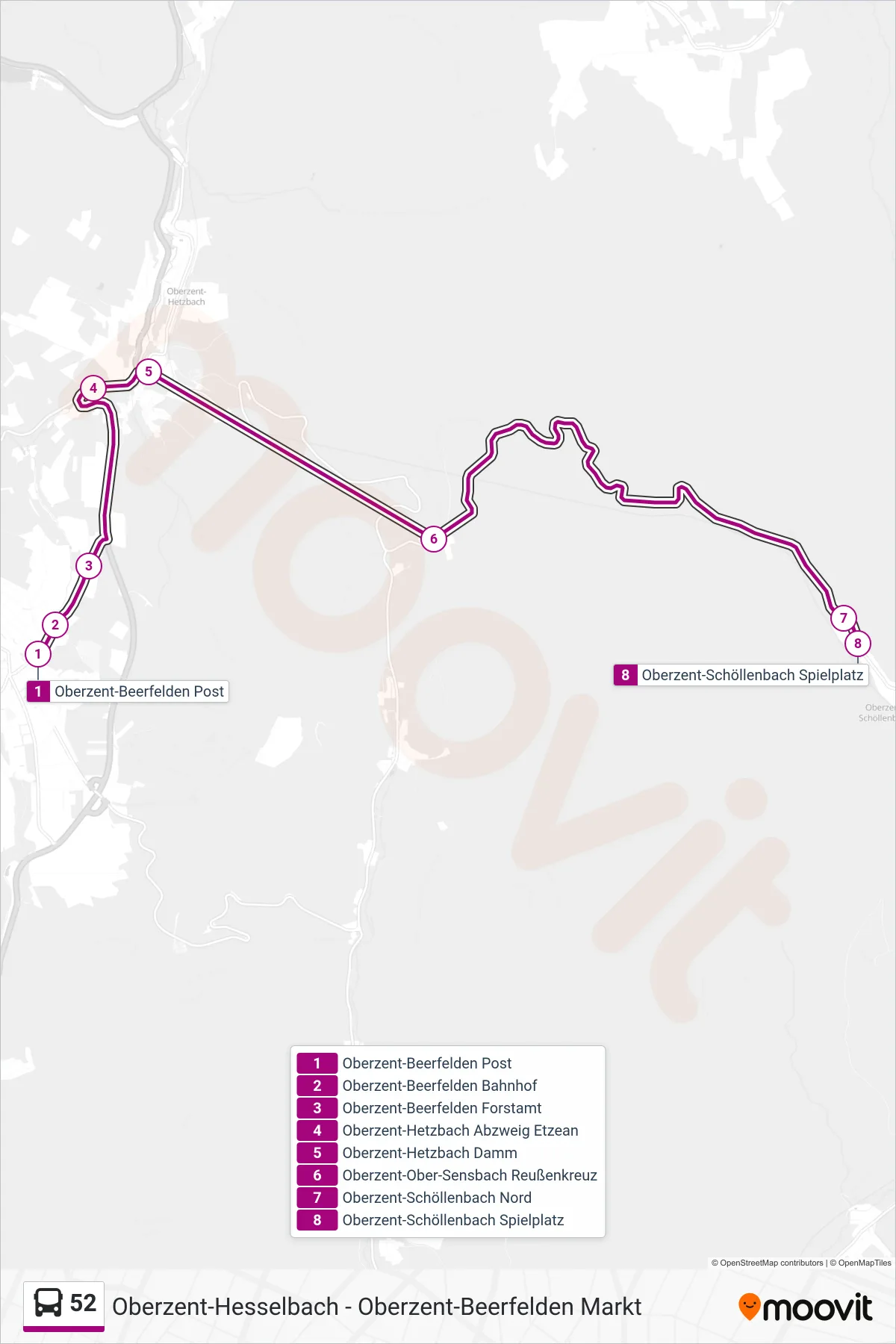 52 bus Line (Oberzent-Schöllenbach Spielplatz) route and stops on a map