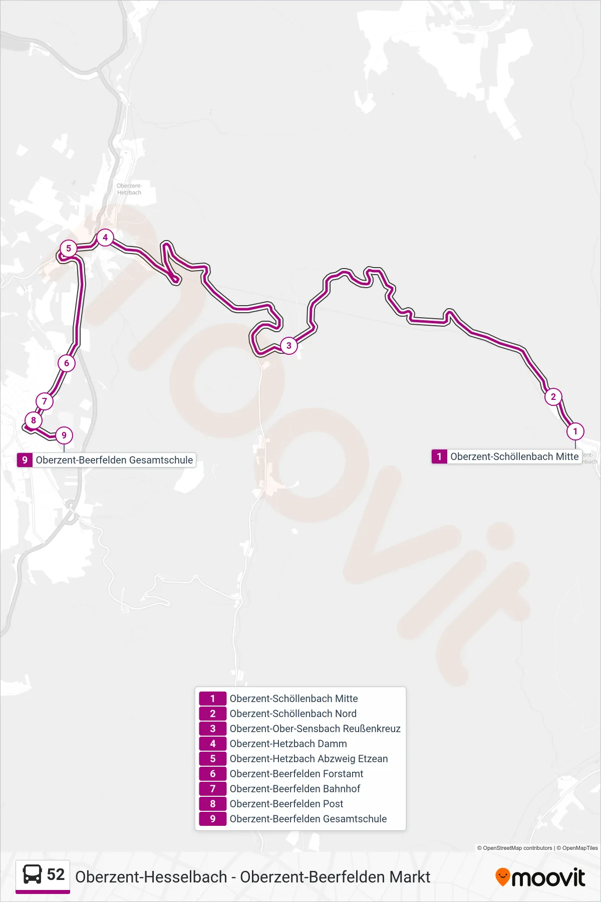 52 bus Line (Oberzent-Beerfelden Gesamtschule) route and stops on a map