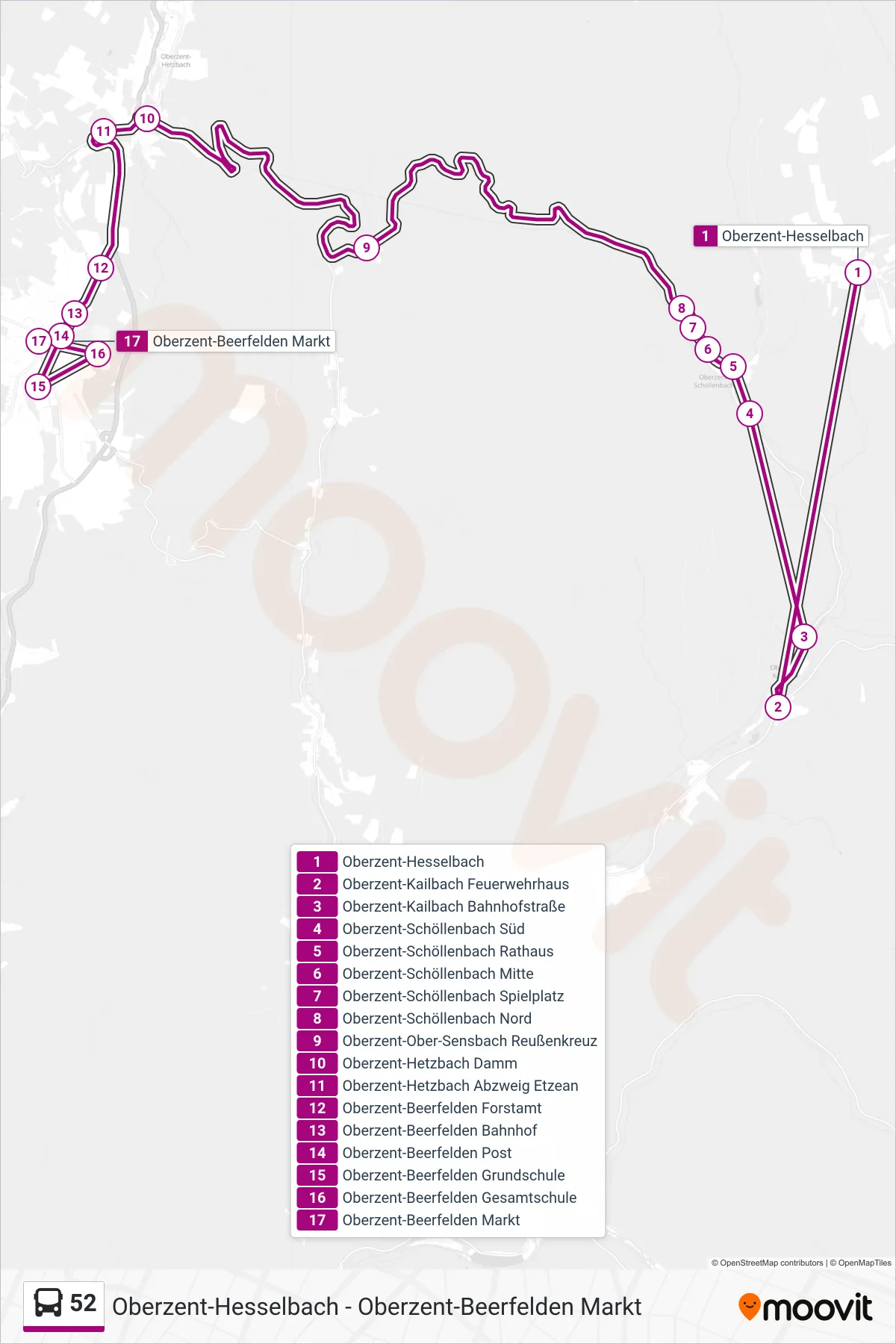 52 bus Line (Oberzent-Beerfelden Markt) route and stops on a map