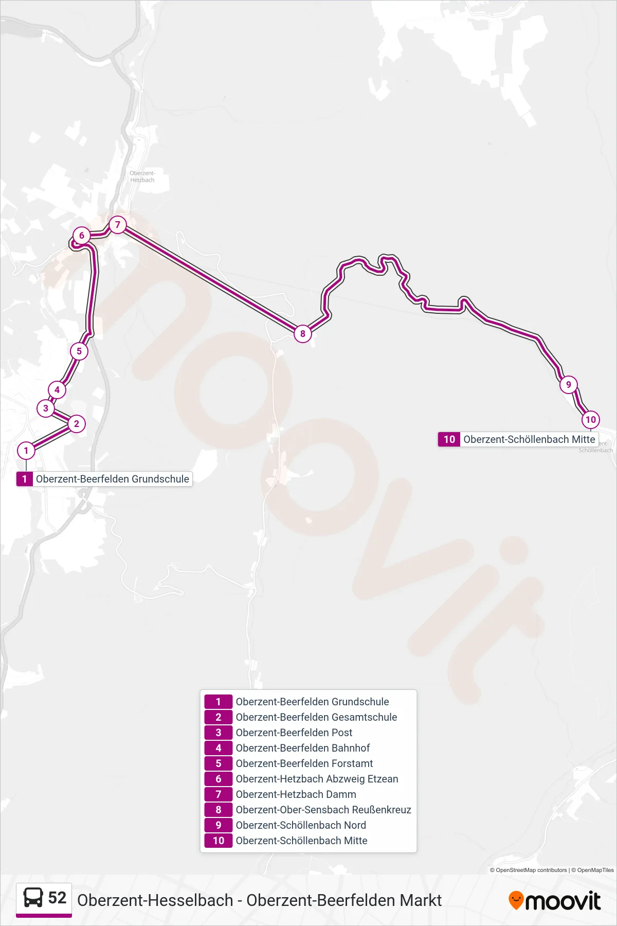 52 bus Line (Oberzent-Schöllenbach Mitte) route and stops on a map