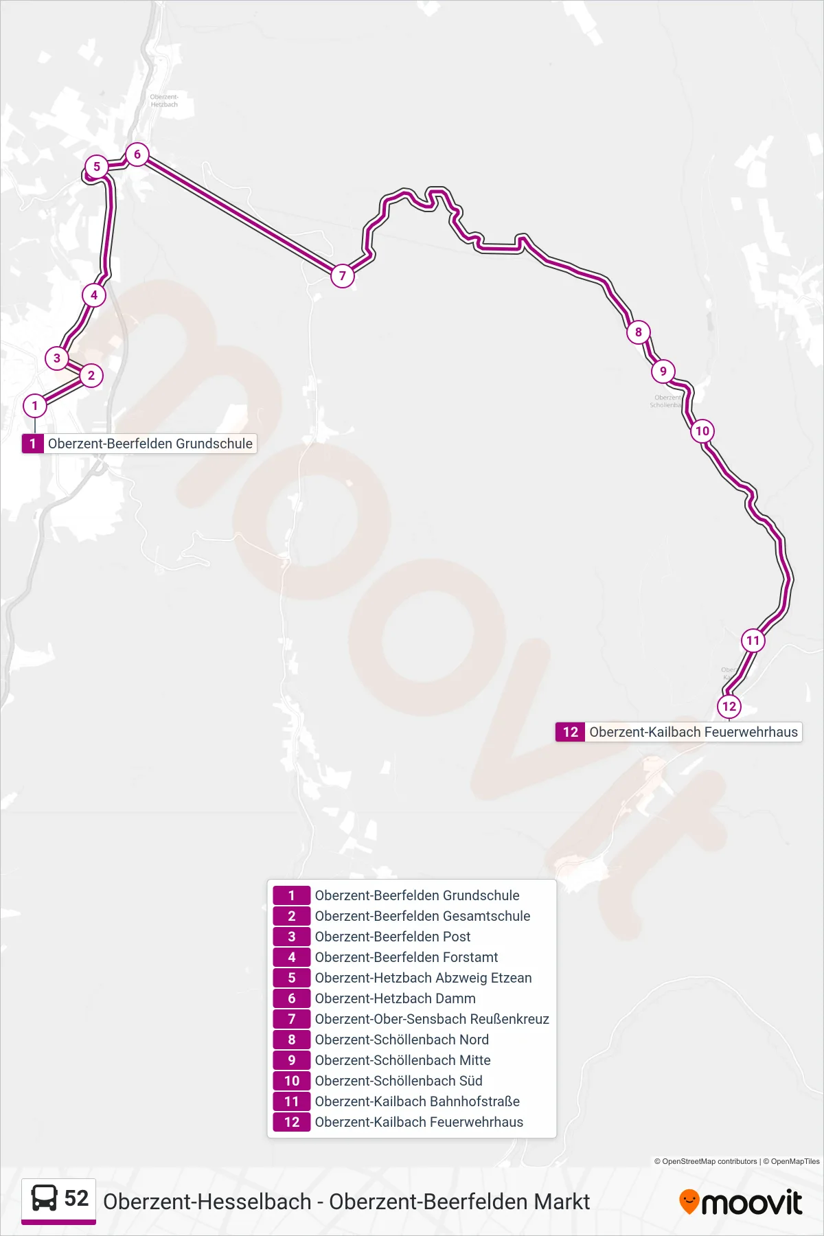52 bus Line (Oberzent-Kailbach Feuerwehrhaus) route and stops on a map