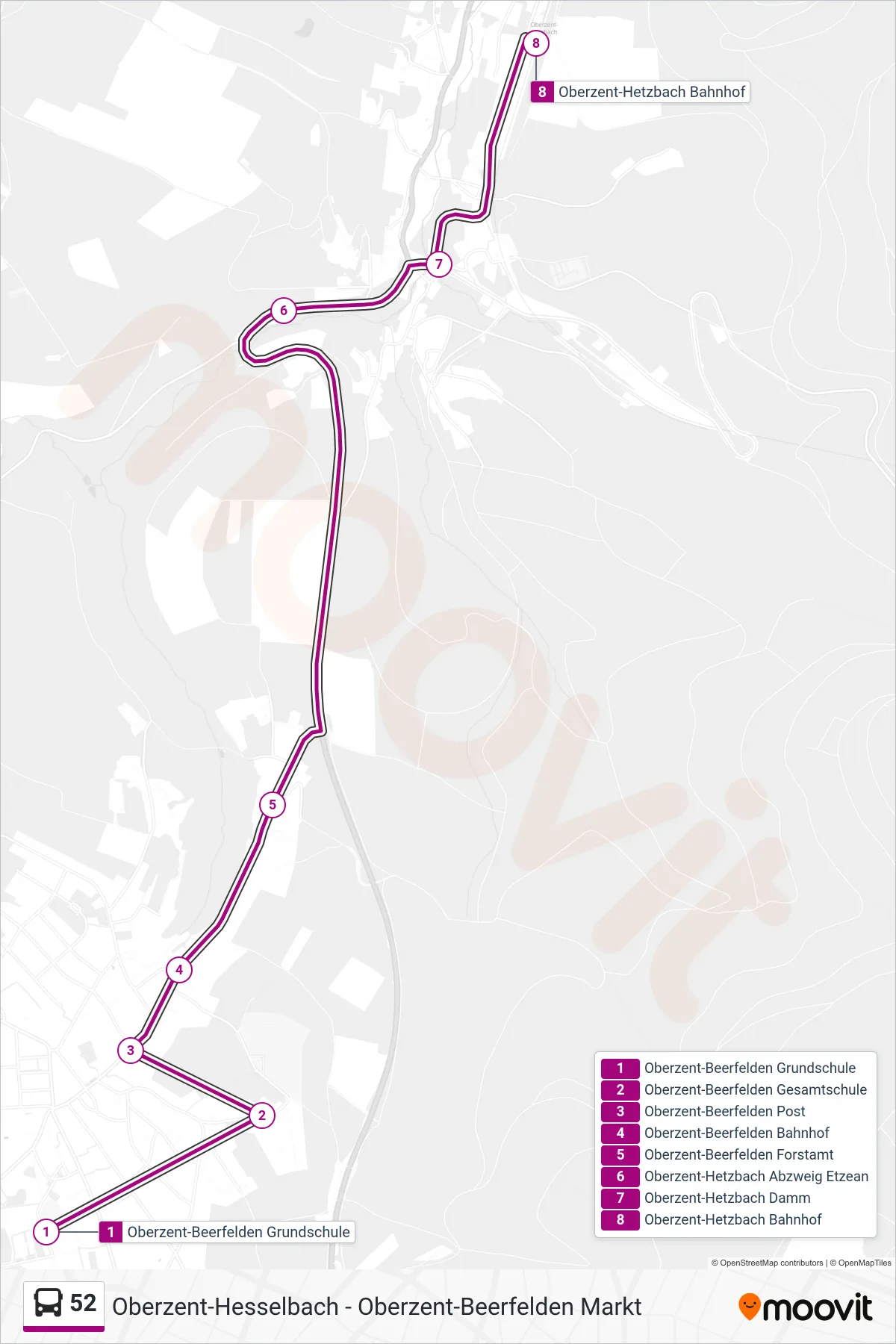 52 bus Line (Oberzent-Hetzbach Bahnhof) route and stops on a map