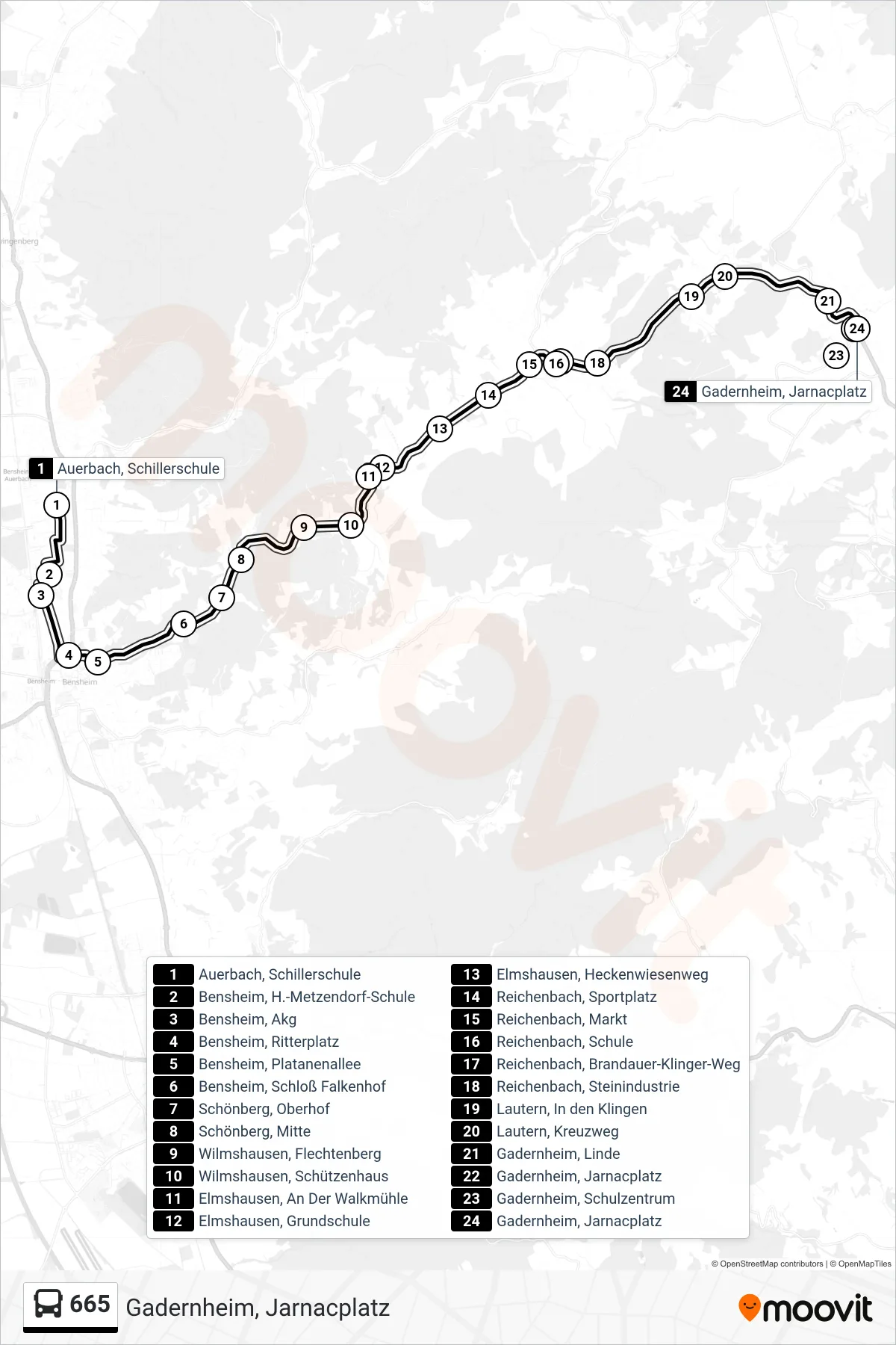 665 bus Line (Gadernheim, Jarnacplatz) route and stops on a map