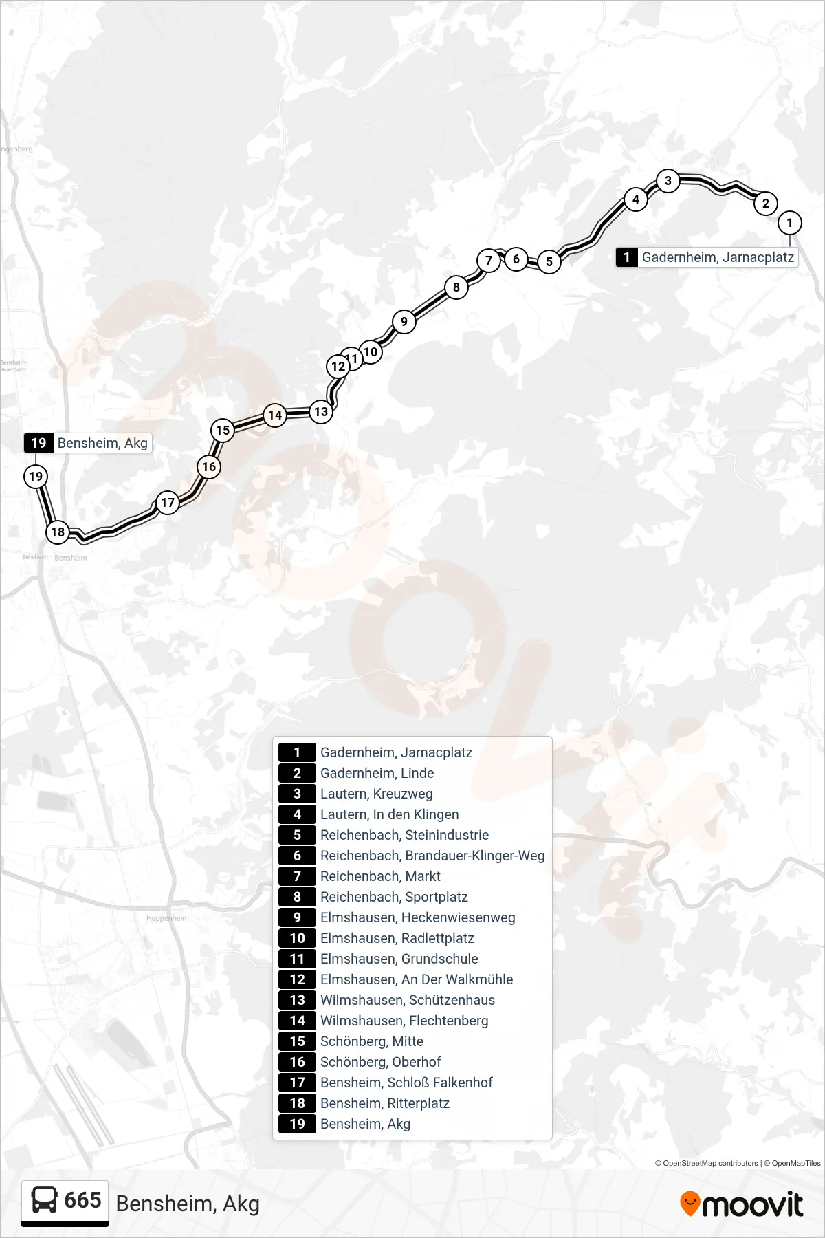 665 bus Line (Bensheim, Akg) route and stops on a map