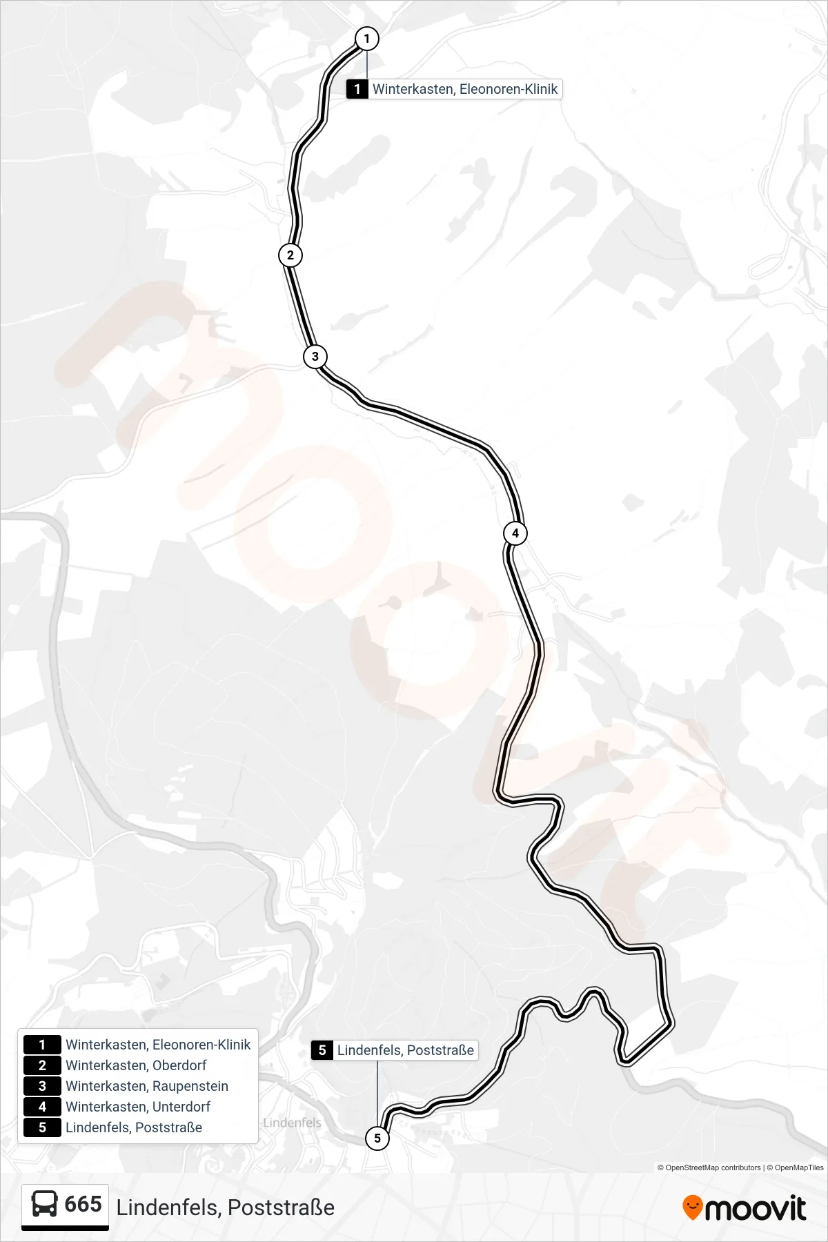 665 bus Line (Lindenfels, Poststraße) route and stops on a map