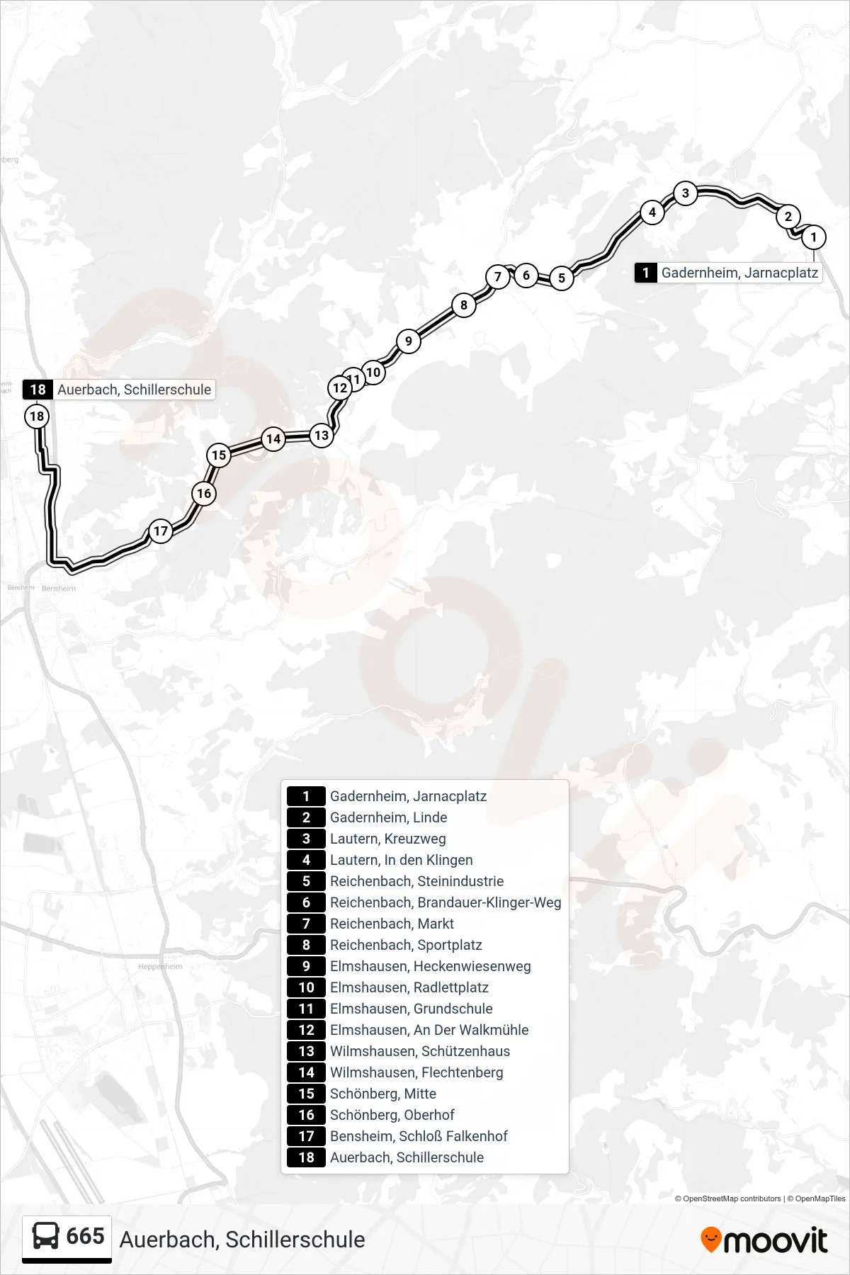 665 bus Line (Auerbach, Schillerschule) route and stops on a map