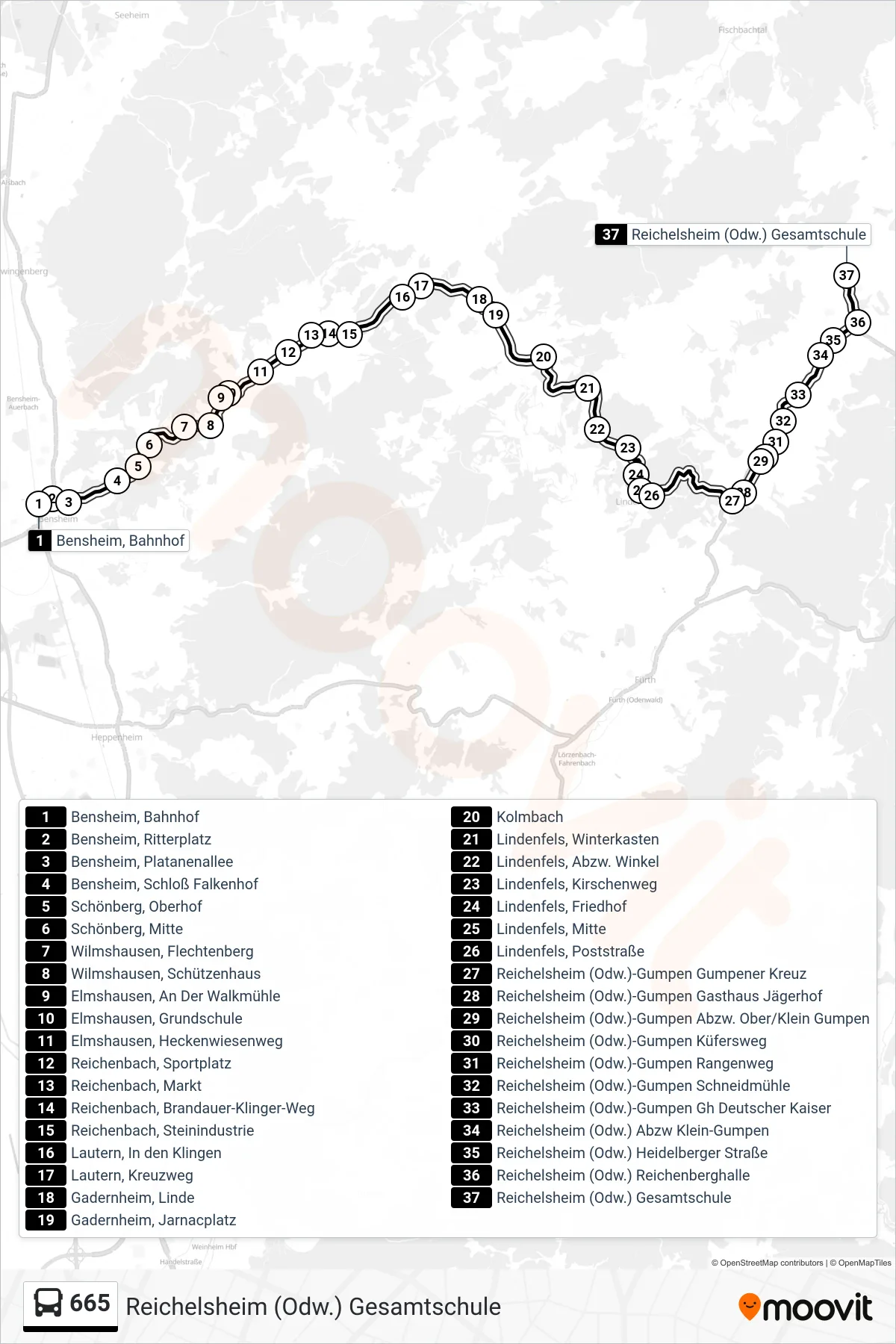 665 bus Line (Reichelsheim (Odw.) Gesamtschule) route and stops on a map