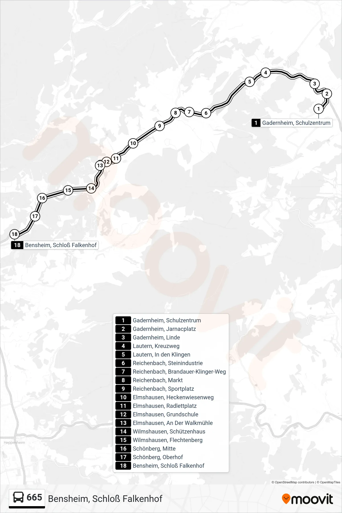 665 bus Line (Bensheim, Schloß Falkenhof) route and stops on a map