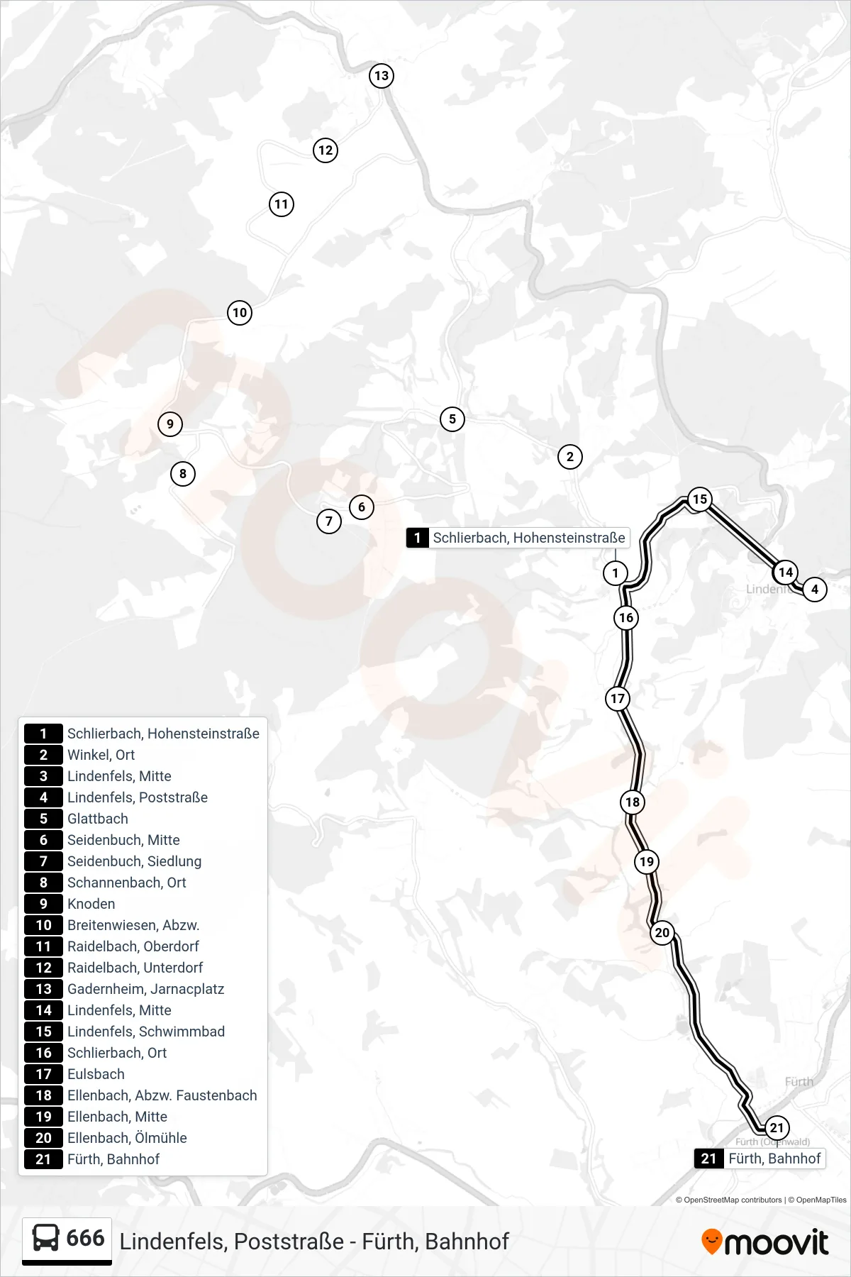 666 bus Line (Fürth, Bahnhof) route and stops on a map