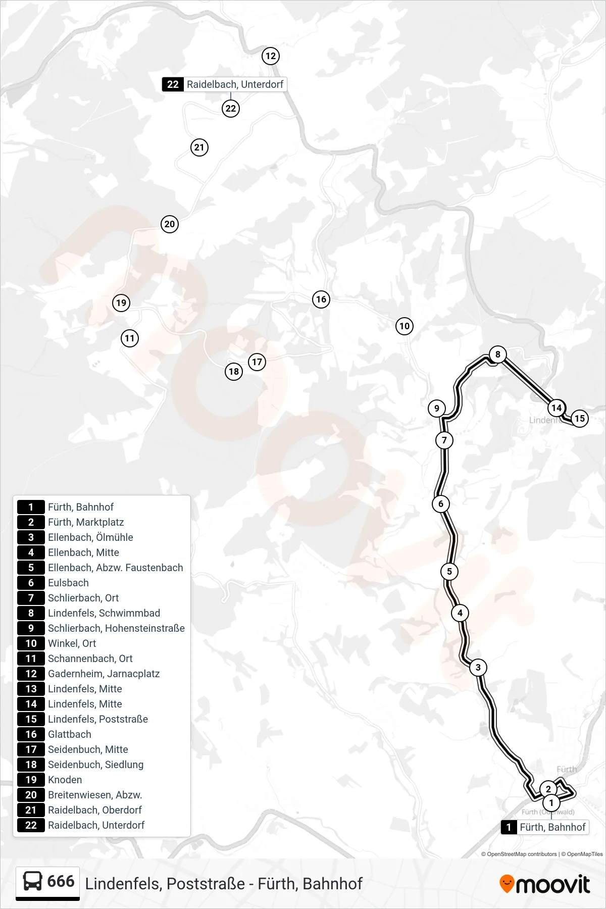 666 bus Line (Lindenfels, Poststraße) route and stops on a map