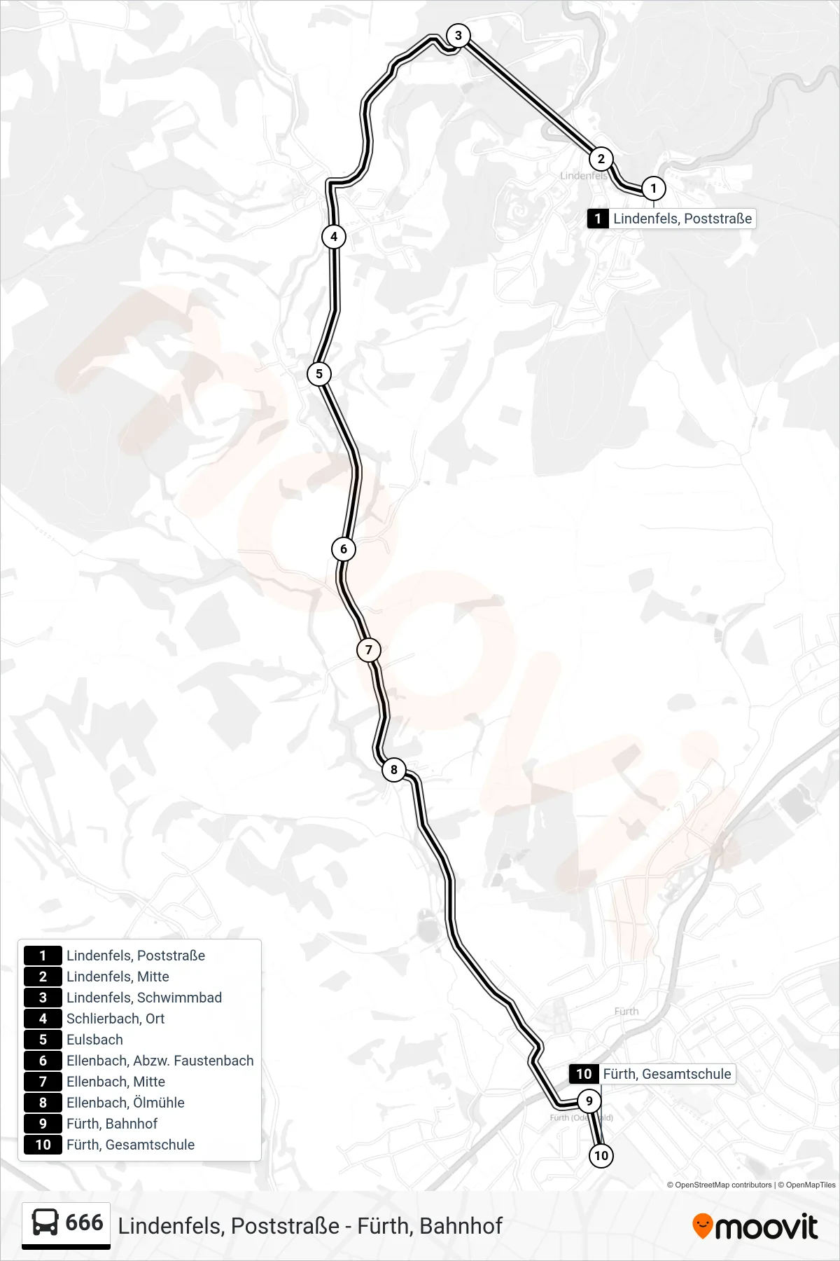 666 bus Line (Fürth, Gesamtschule) route and stops on a map