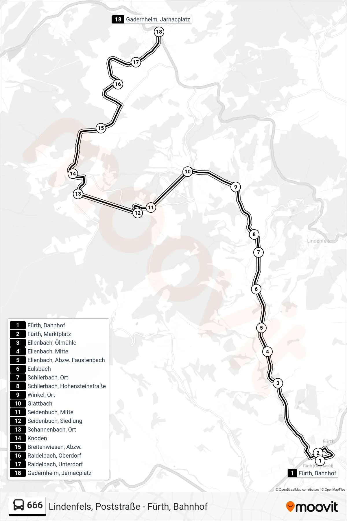 Linie 666 (Bus) Richtung Gadernheim, Jarnacplatz: Route und Haltestellen auf der Karte