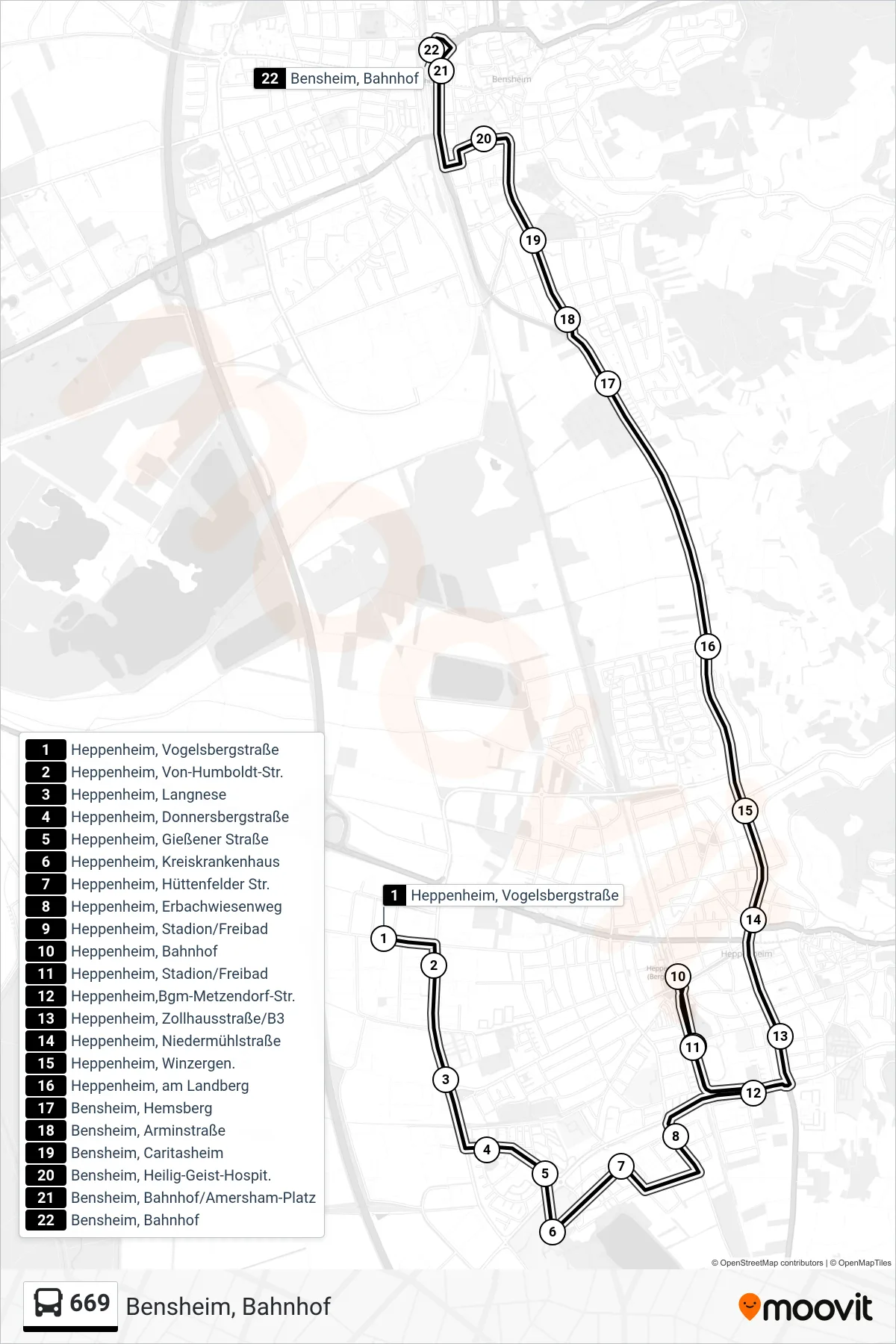 669 bus Line (Bensheim, Bahnhof) route and stops on a map