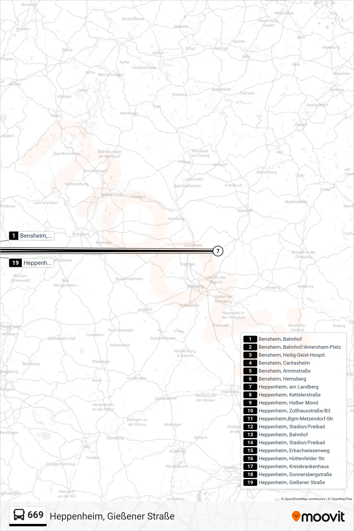 669 bus Line (Heppenheim, Gießener Straße) route and stops on a map