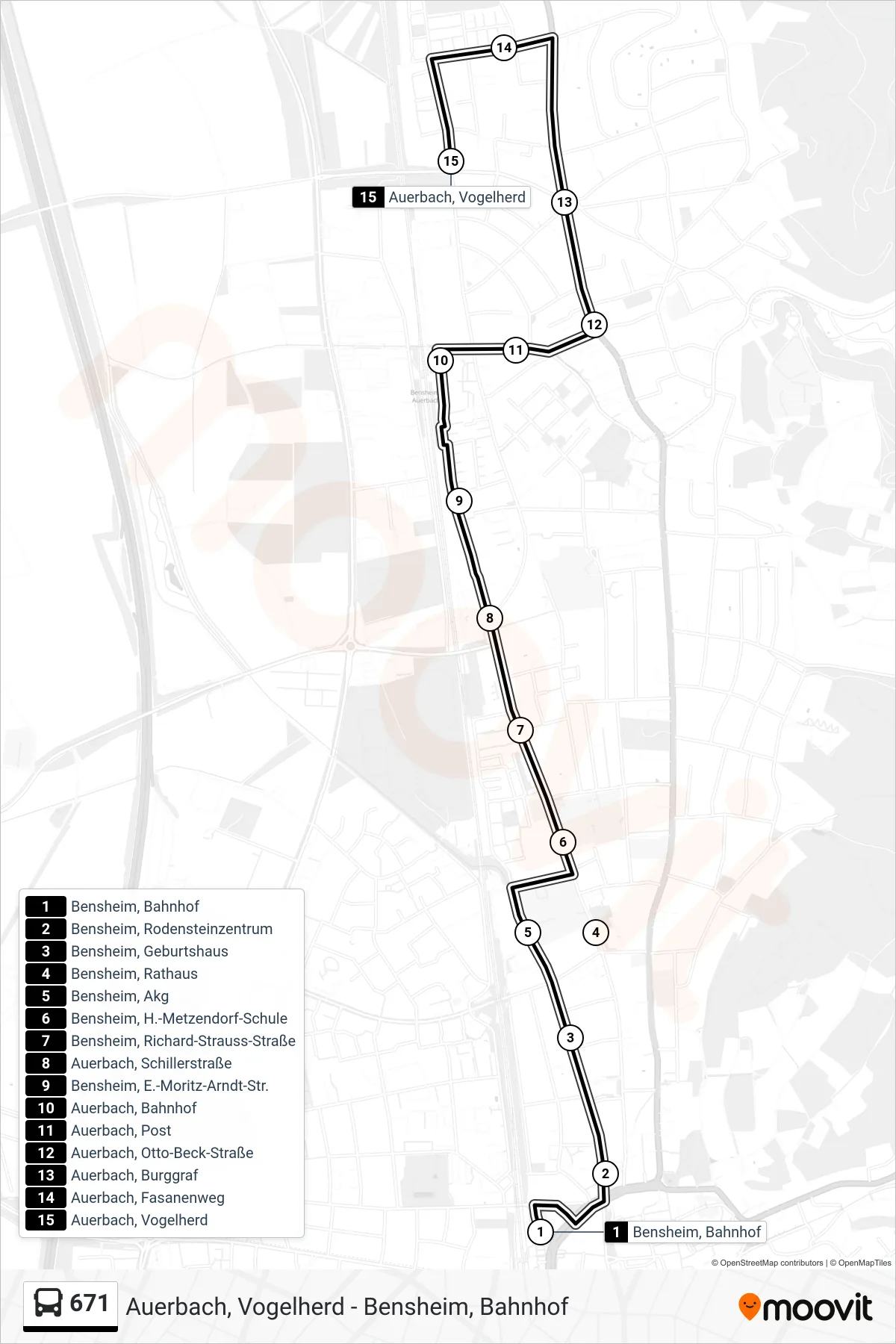 671 bus Line (Auerbach, Vogelherd) route and stops on a map