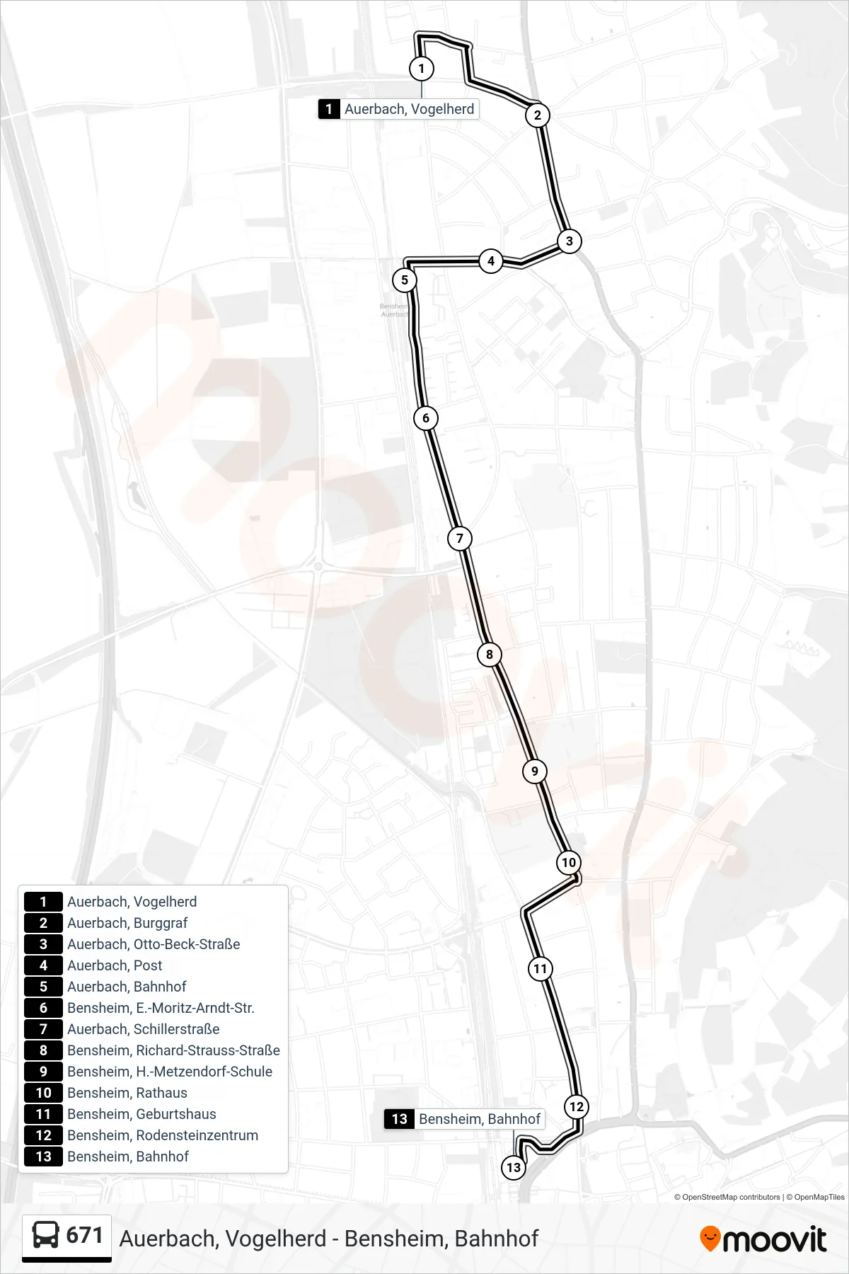 Linie 671 (Bus) Richtung Bensheim, Bahnhof: Route und Haltestellen auf der Karte