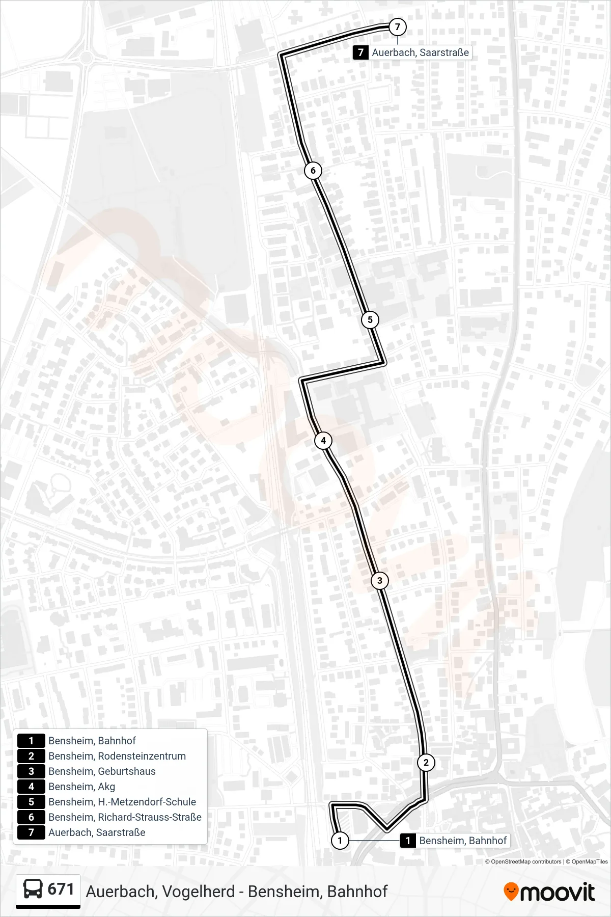 671 bus Line (Auerbach, Saarstraße) route and stops on a map