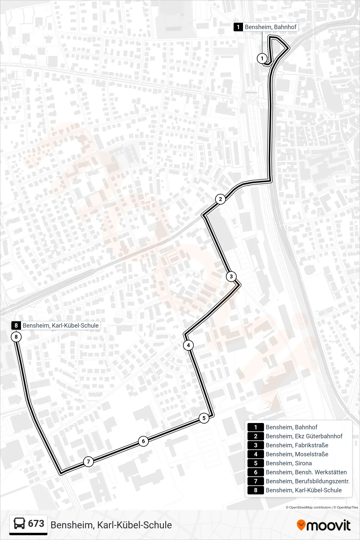 673 bus Line (Bensheim, Karl-Kübel-Schule) route and stops on a map