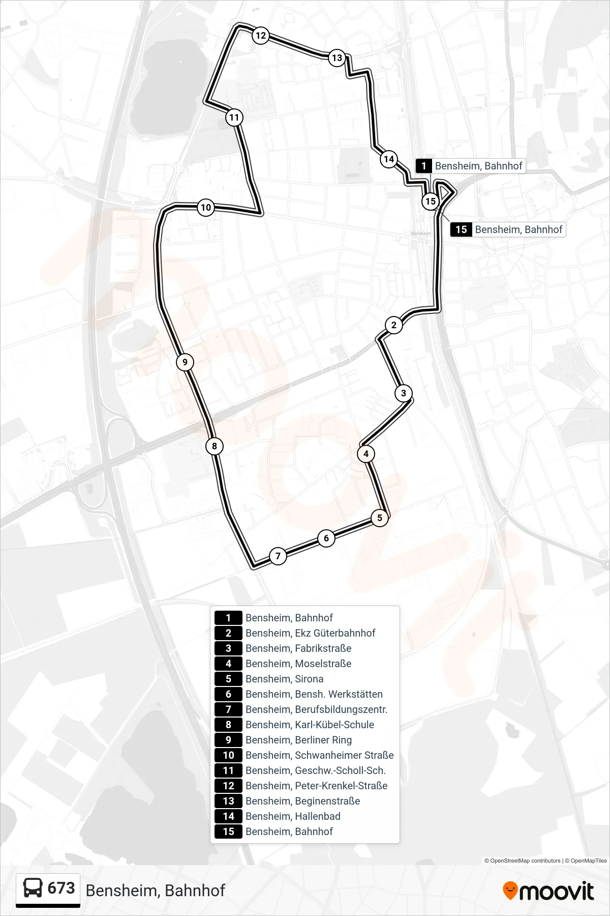 673 bus Line (Bensheim, Bahnhof) route and stops on a map