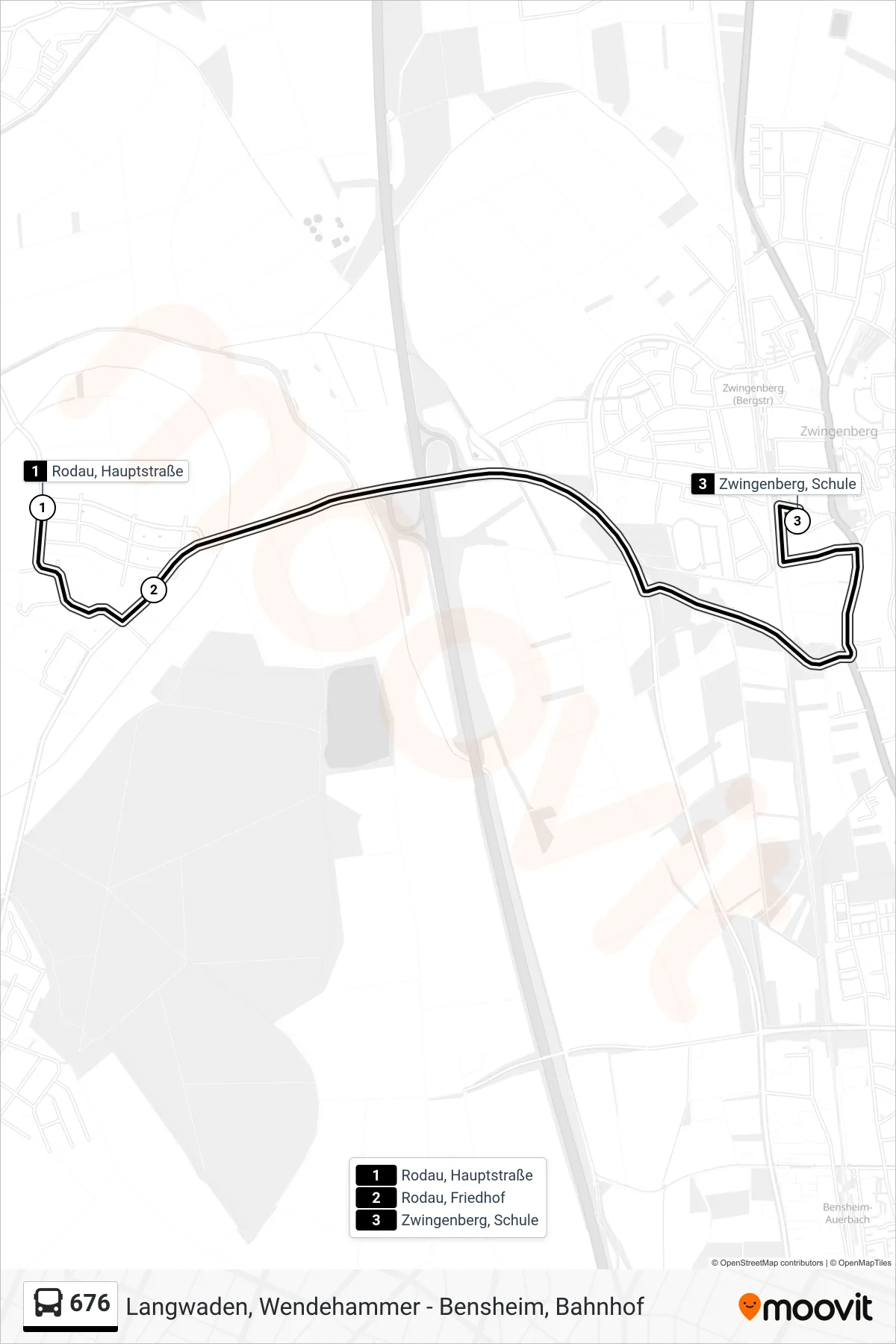 676 bus Line (Zwingenberg, Schule) route and stops on a map