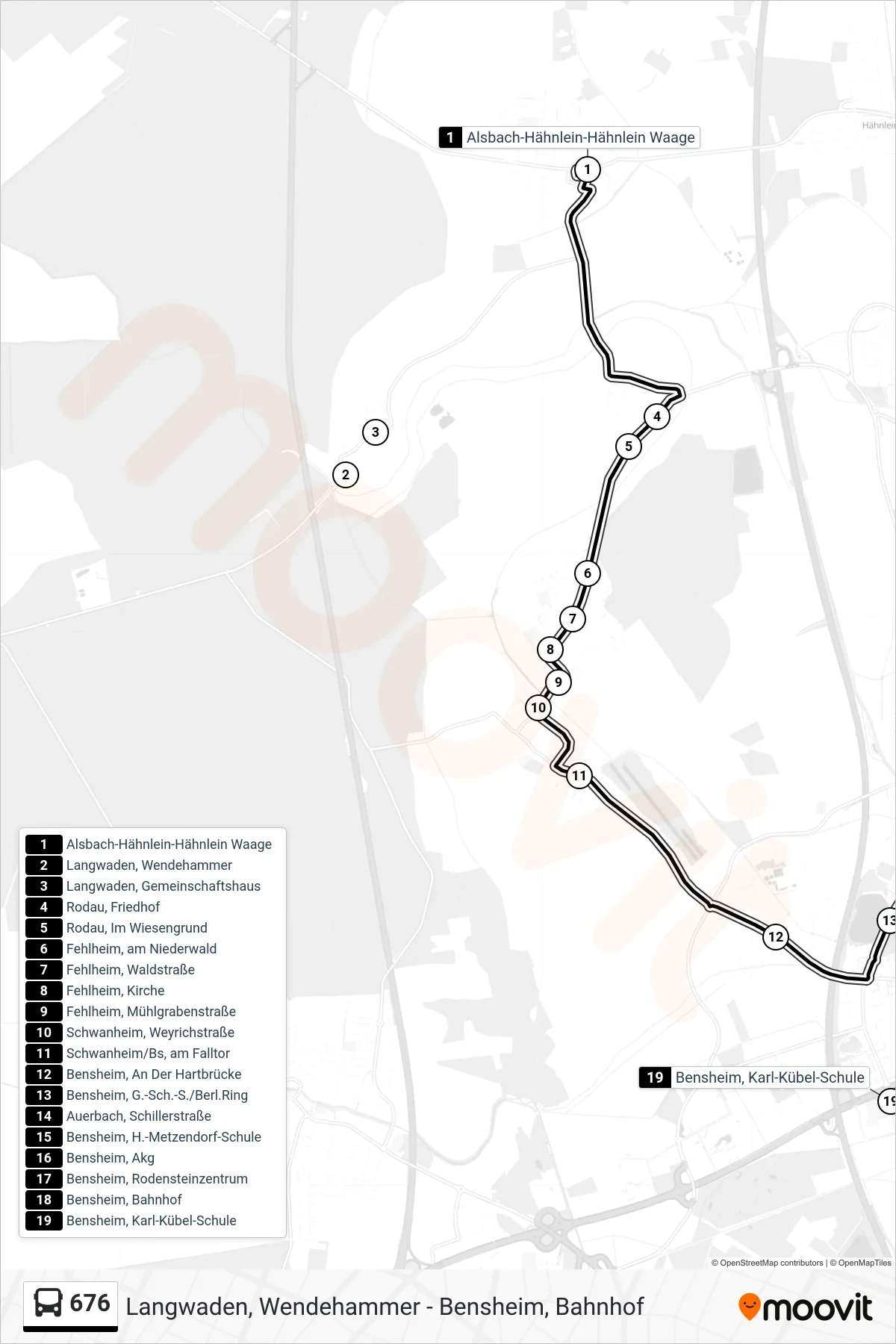 676 bus Line (Bensheim, Karl-Kübel-Schule) route and stops on a map