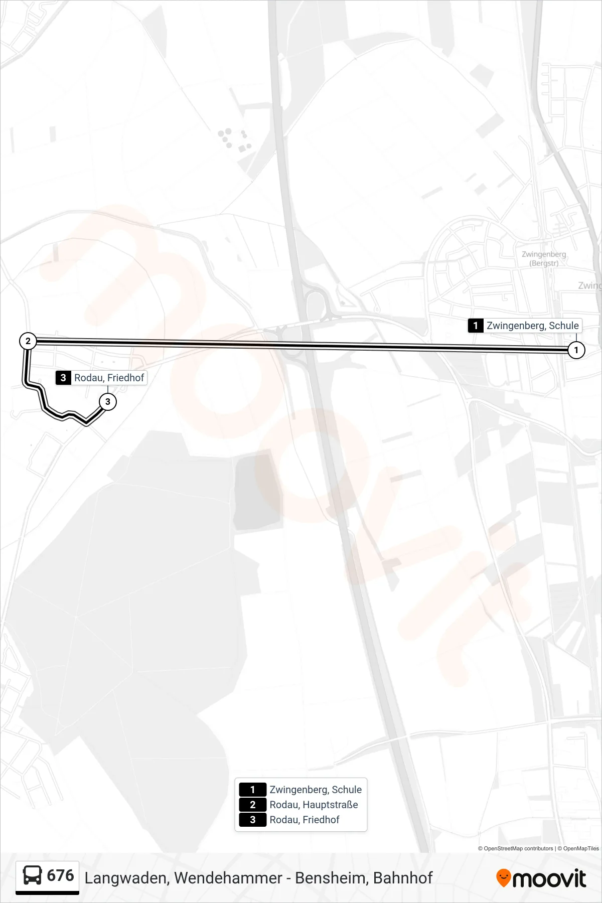 676 bus Line (Rodau, Friedhof) route and stops on a map