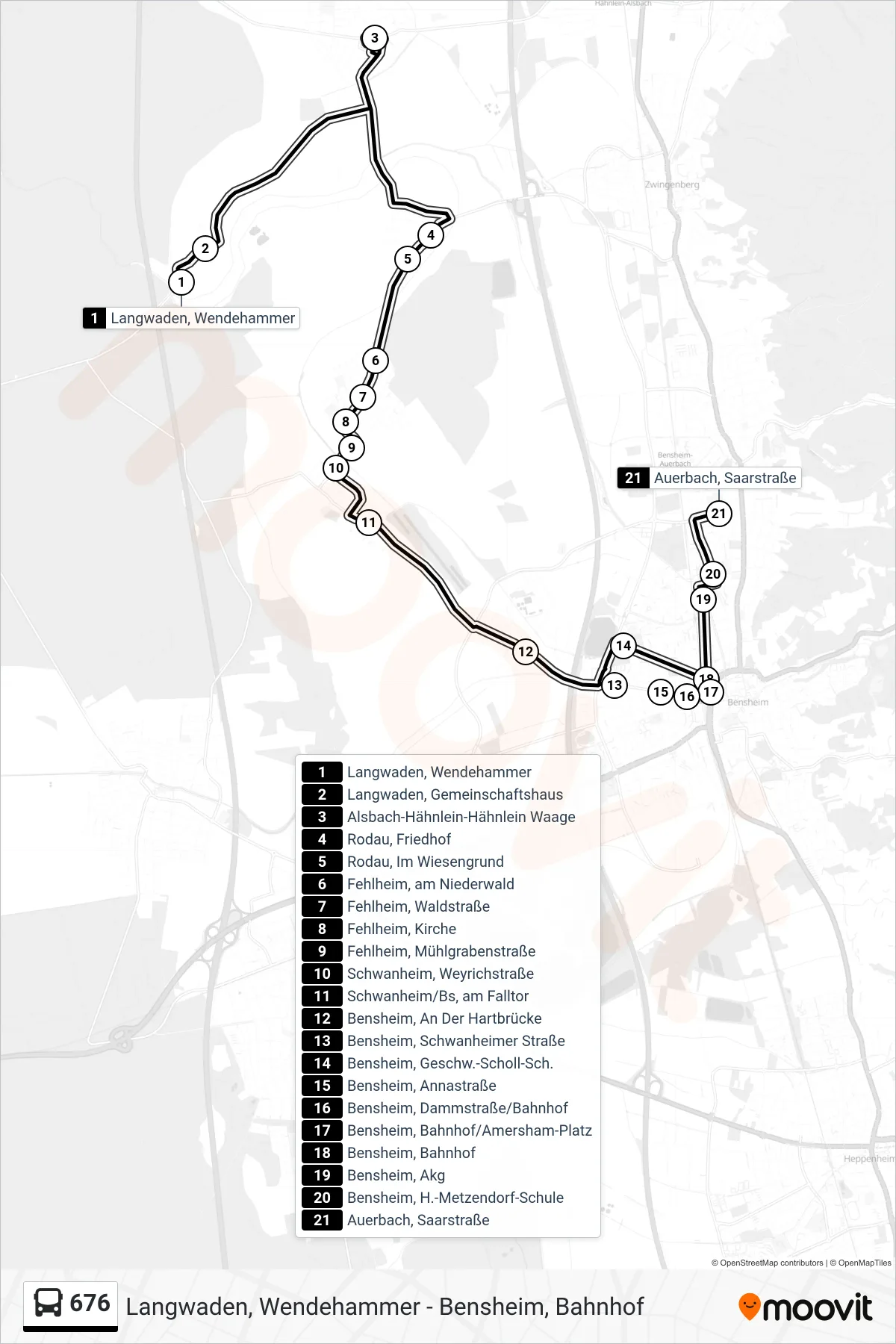 676 bus Line (Auerbach, Saarstraße) route and stops on a map