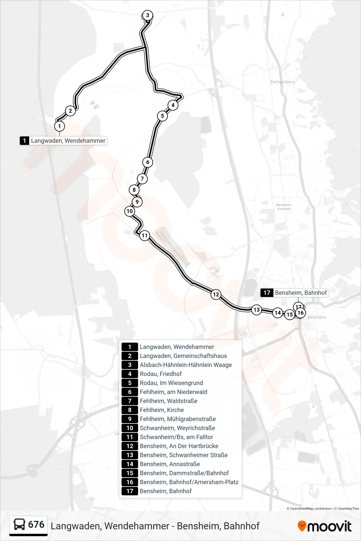 676 bus Line (Bensheim, Bahnhof) route and stops on a map