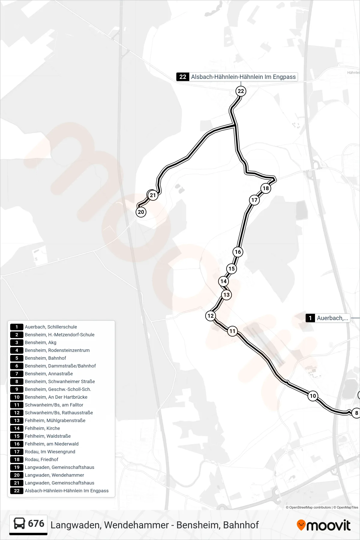 676 bus Line (Alsbach-Hähnlein-Hähnlein Im Engpass) route and stops on a map