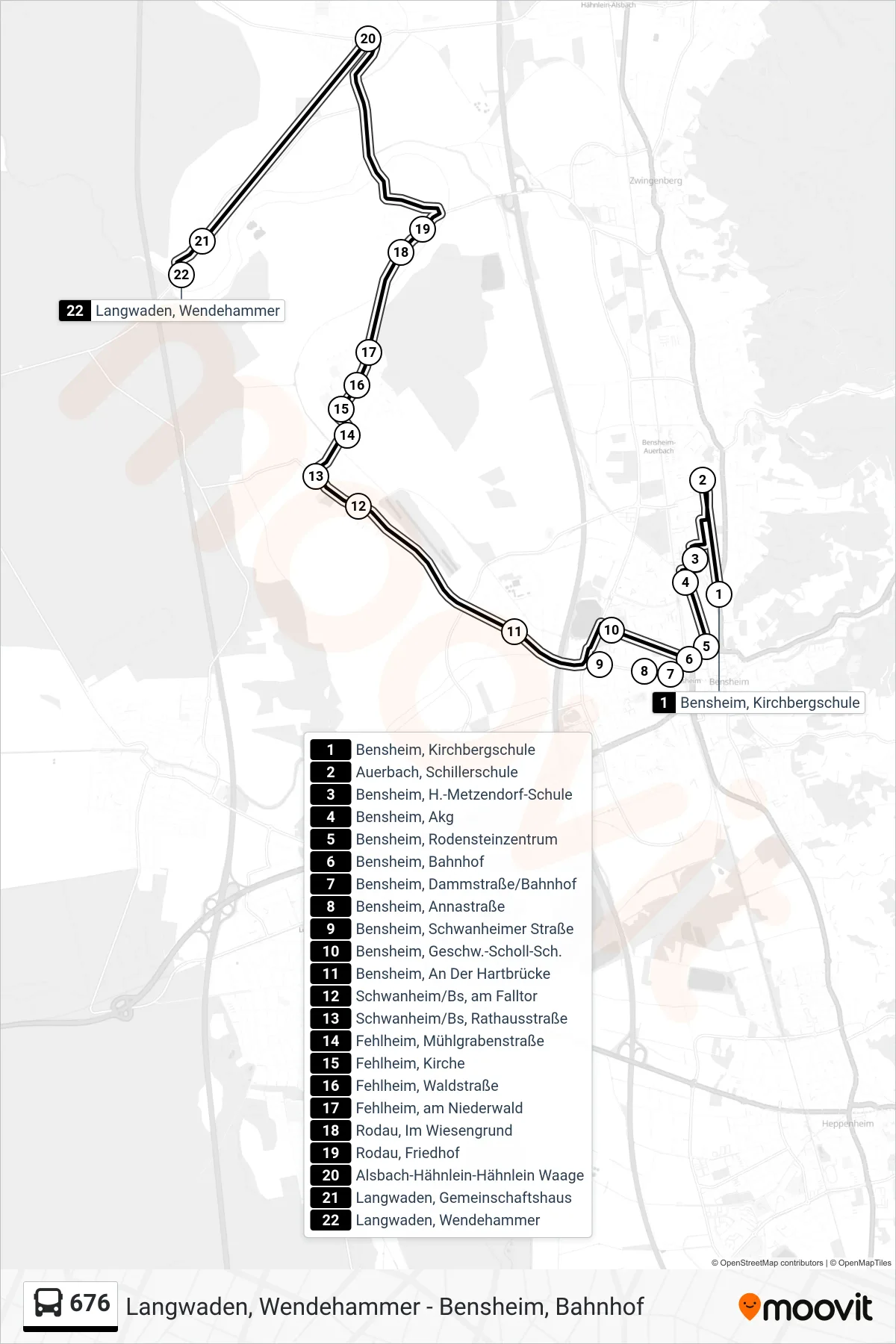 676 bus Line (Langwaden, Wendehammer) route and stops on a map