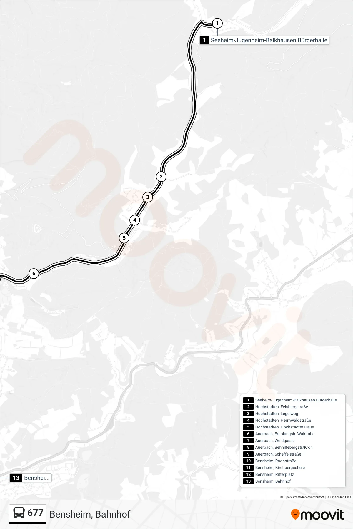 677 bus Line (Bensheim, Bahnhof) route and stops on a map