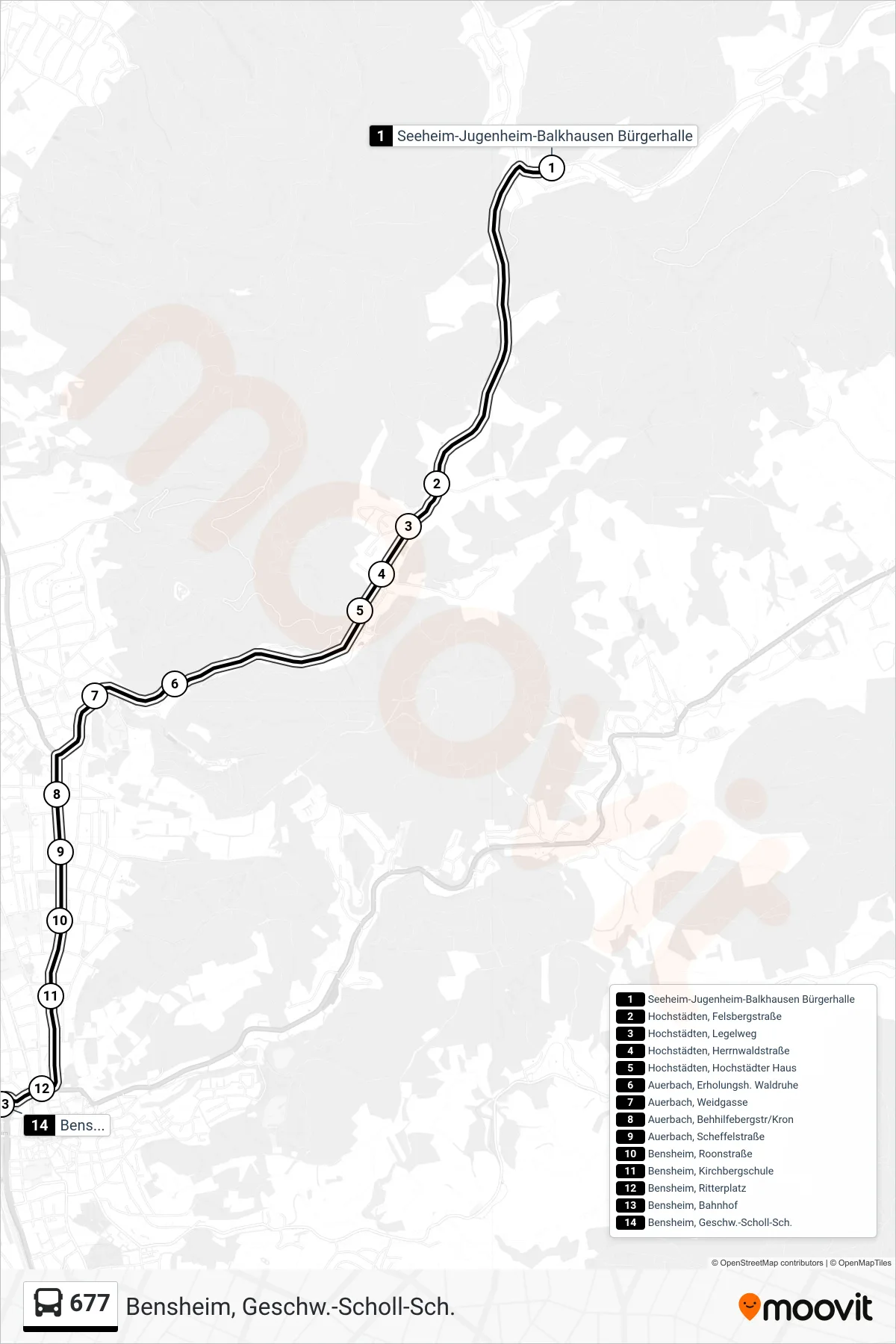 677 bus Line (Bensheim, Geschw.-Scholl-Sch.) route and stops on a map