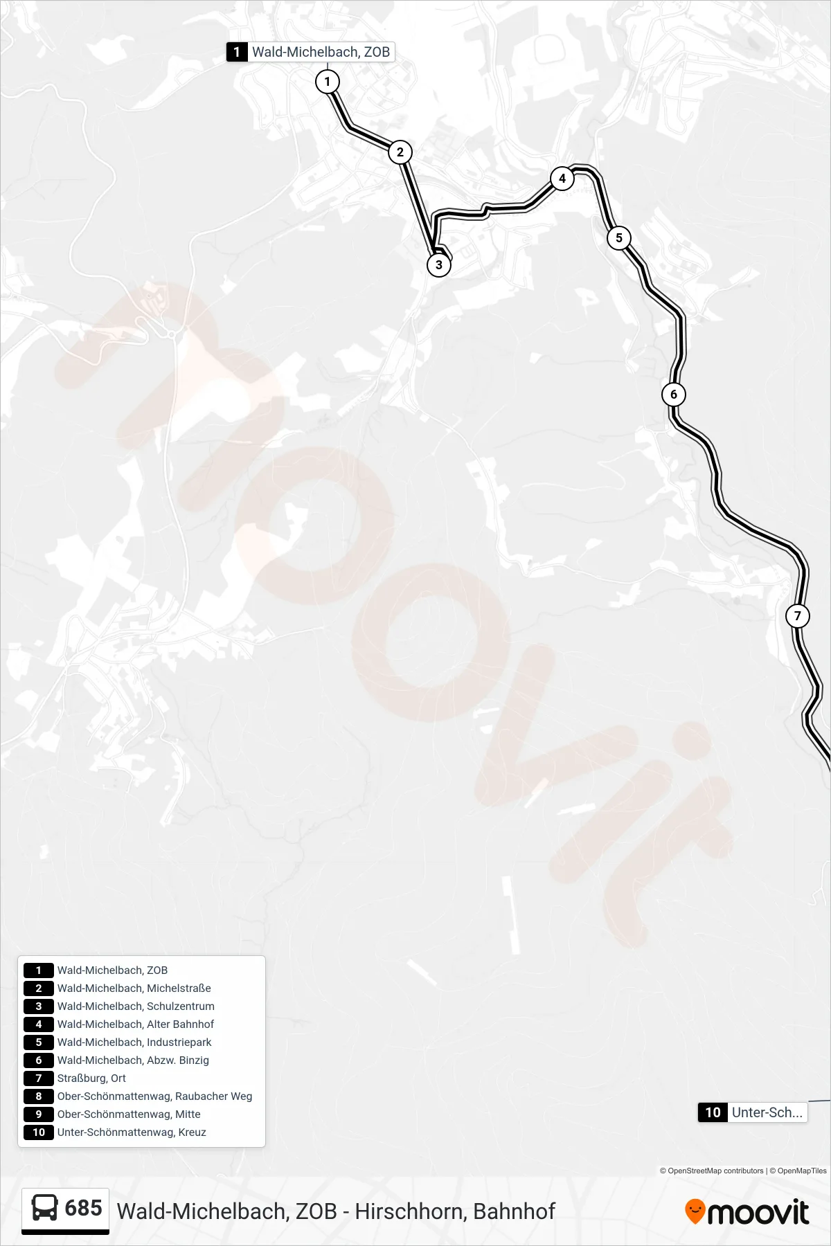 685 bus Line (Unter-Schönmattenwag, Kreuz) route and stops on a map