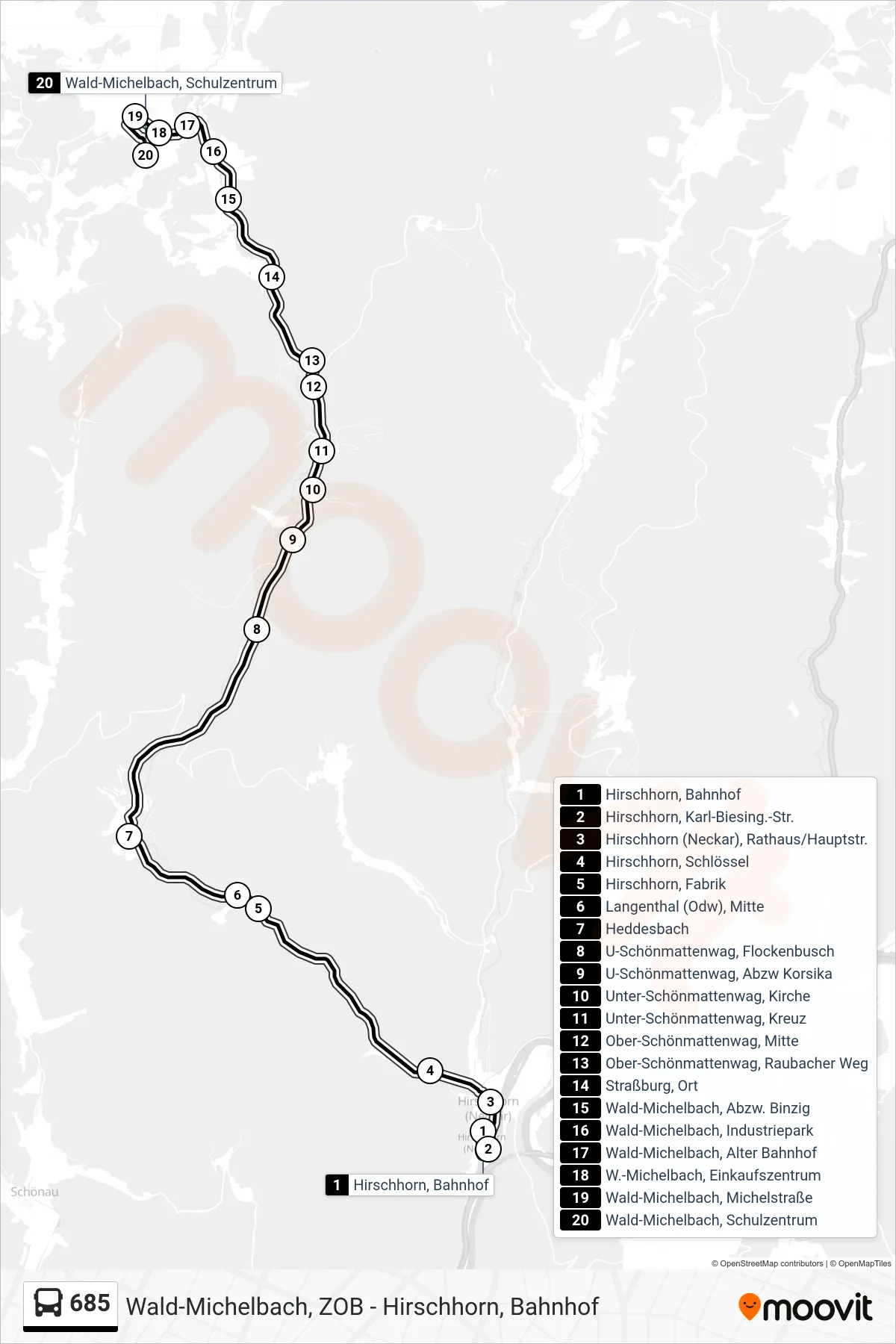 685 bus Line (Wald-Michelbach, Schulzentrum) route and stops on a map