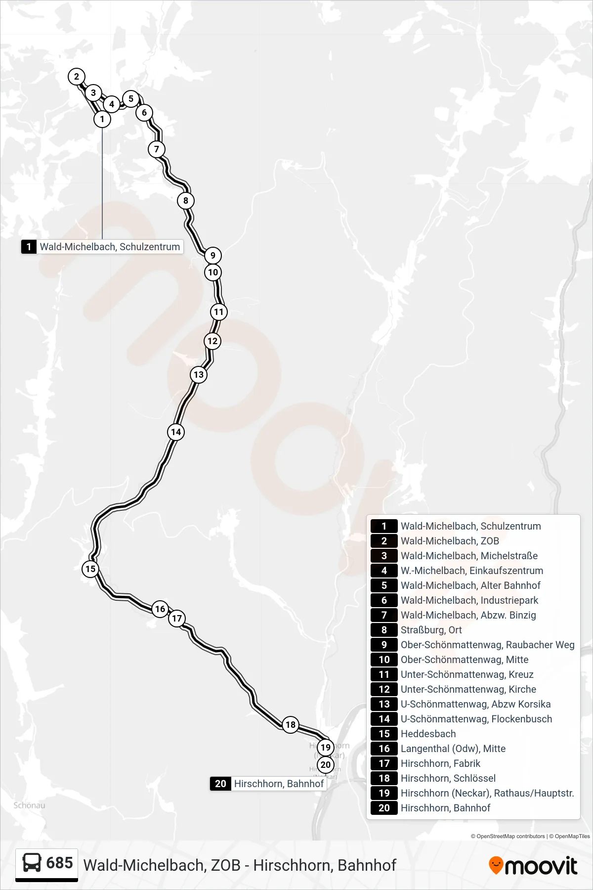 685 bus Line (Hirschhorn, Bahnhof) route and stops on a map