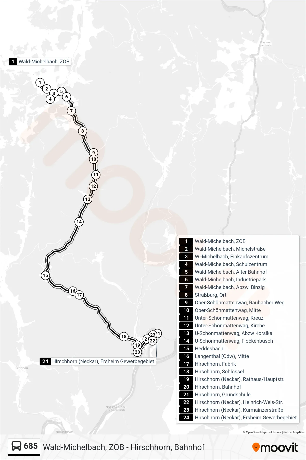 685 bus Line (Hirschhorn (Neckar), Ersheim Gewerbegebiet) route and stops on a map