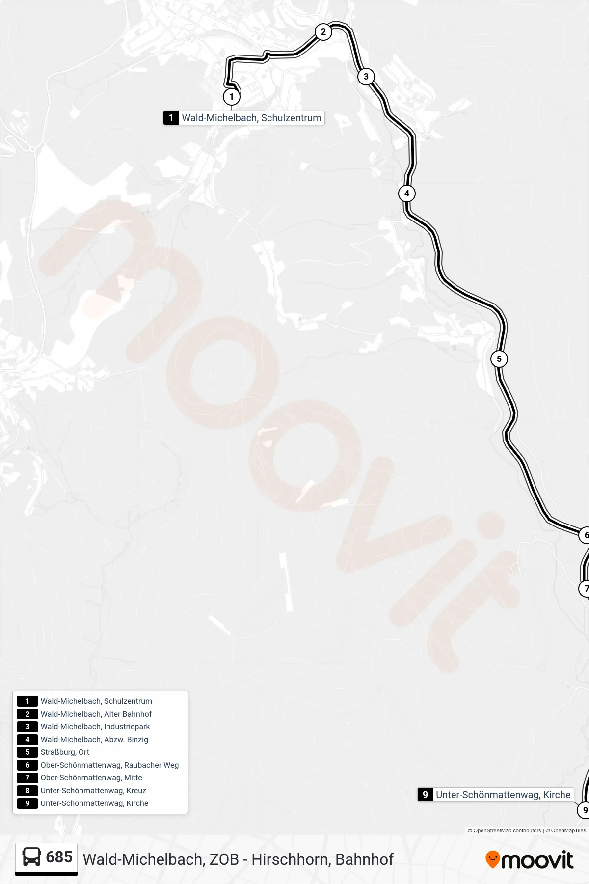 685 bus Line (Unter-Schönmattenwag, Kirche) route and stops on a map
