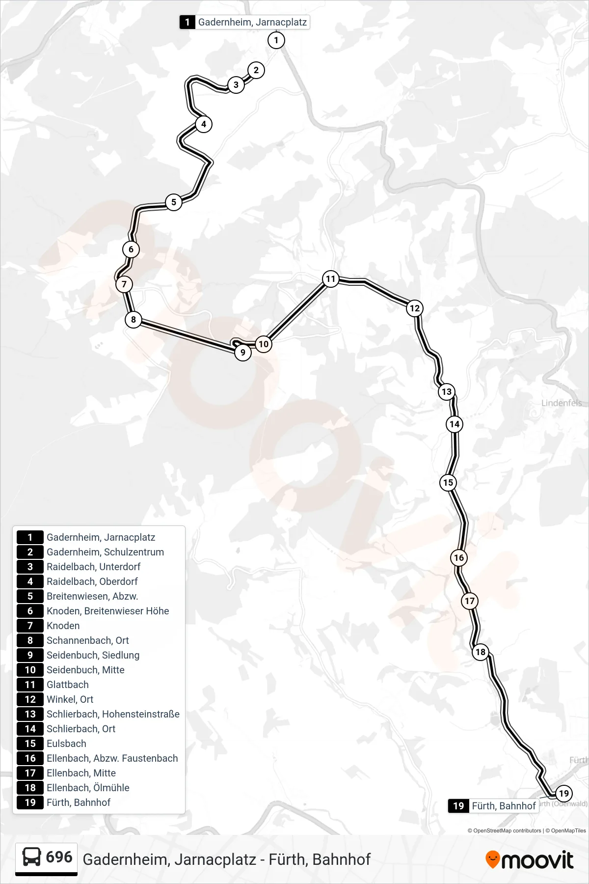 696 bus Line (Fürth, Bahnhof) route and stops on a map