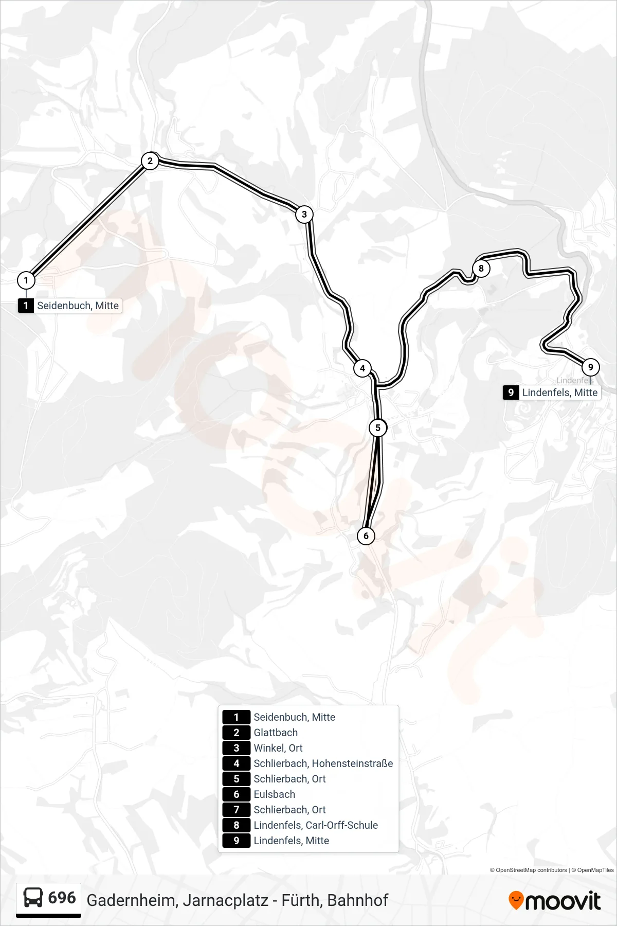 696 bus Line (Lindenfels, Mitte) route and stops on a map