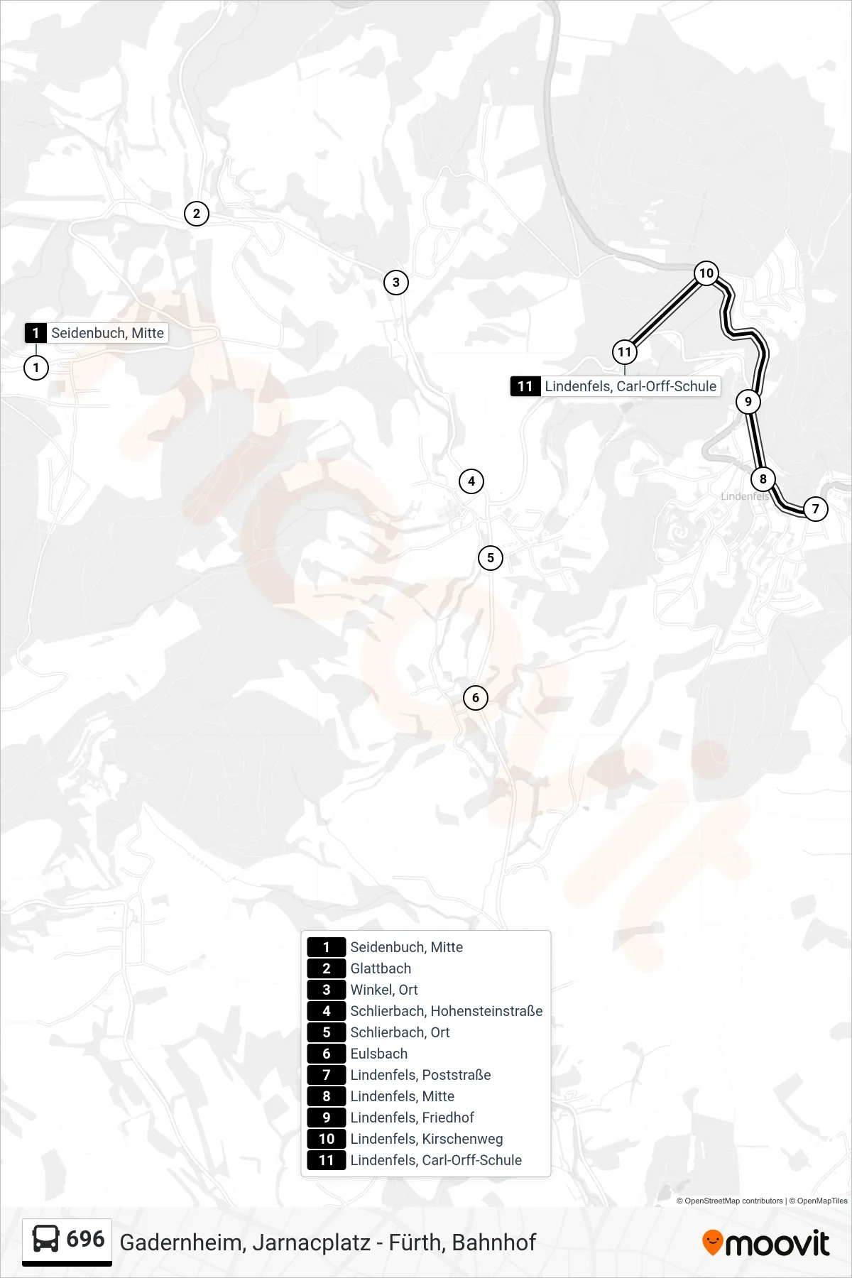 696 bus Line (Lindenfels, Carl-Orff-Schule) route and stops on a map