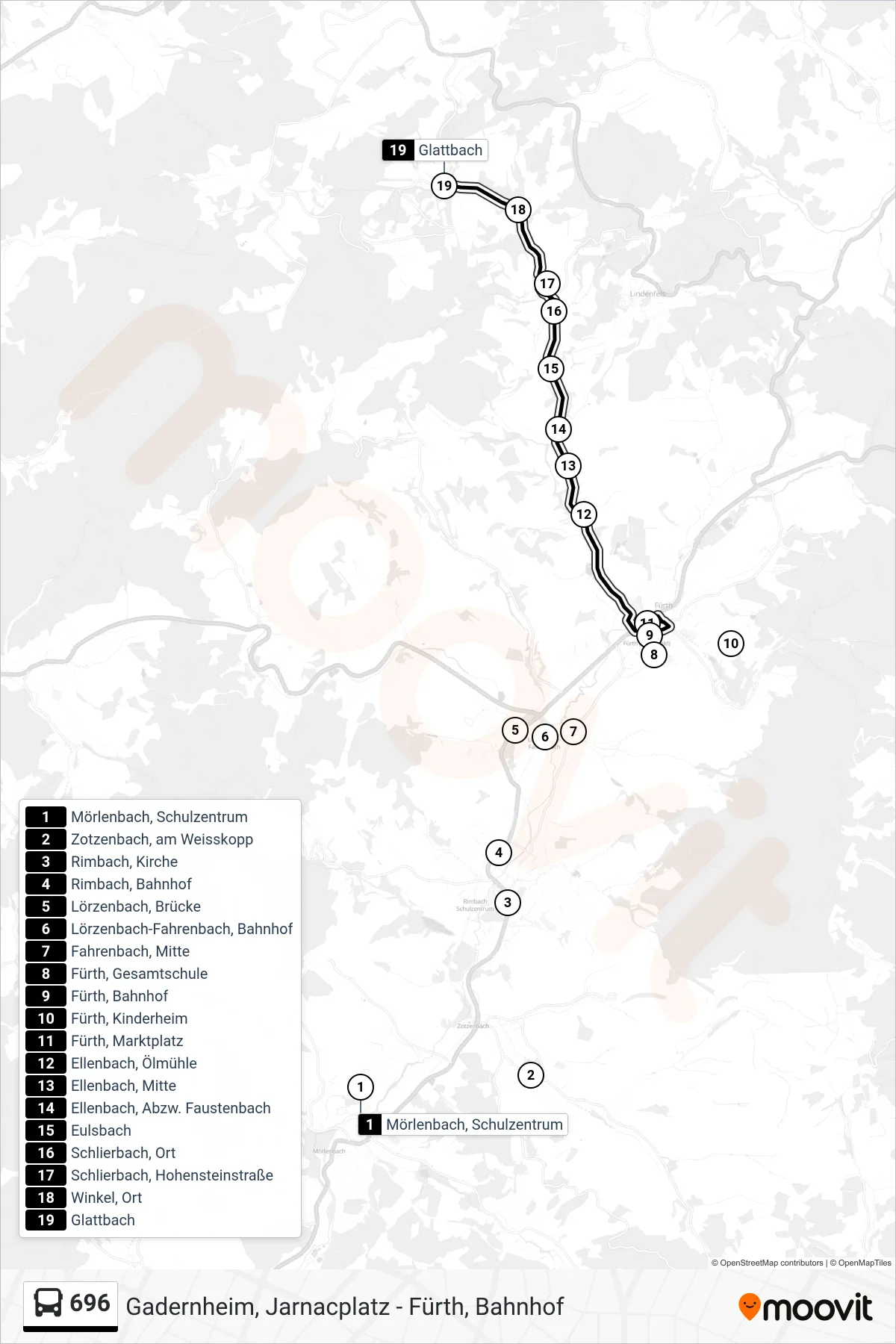696 bus Line (Glattbach) route and stops on a map