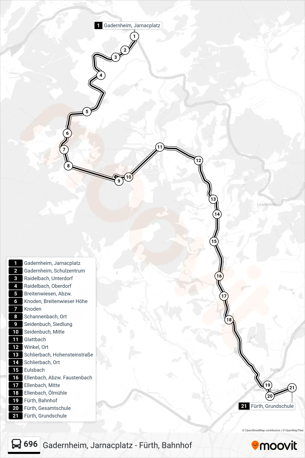 696 bus Line (Fürth, Grundschule) route and stops on a map