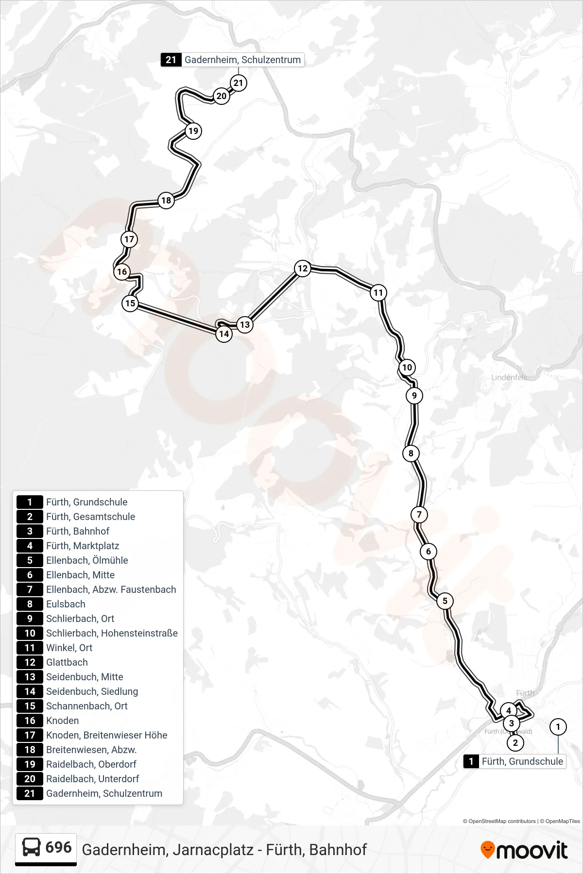696 bus Line (Gadernheim, Schulzentrum) route and stops on a map