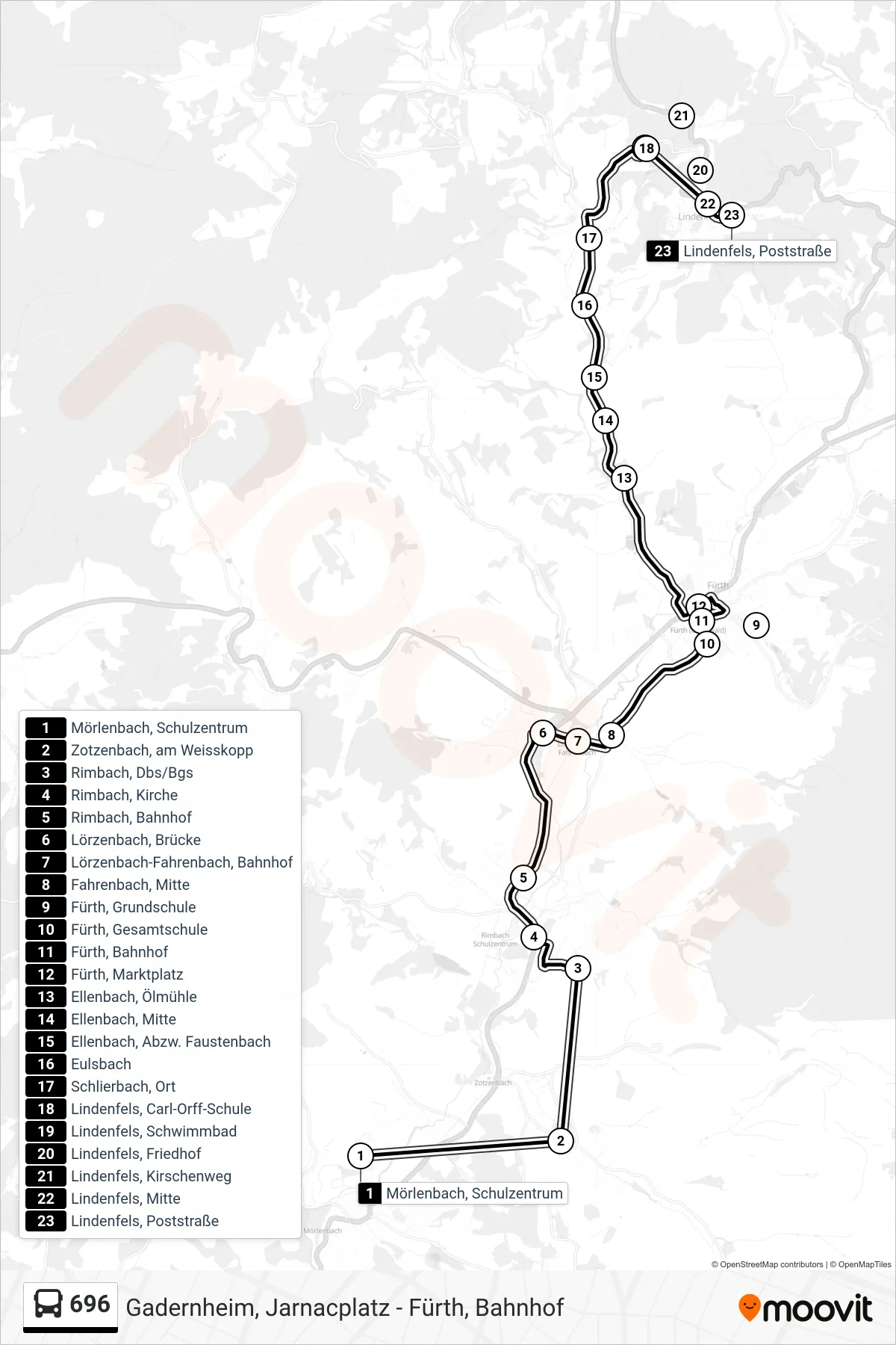 696 bus Line (Lindenfels, Poststraße) route and stops on a map
