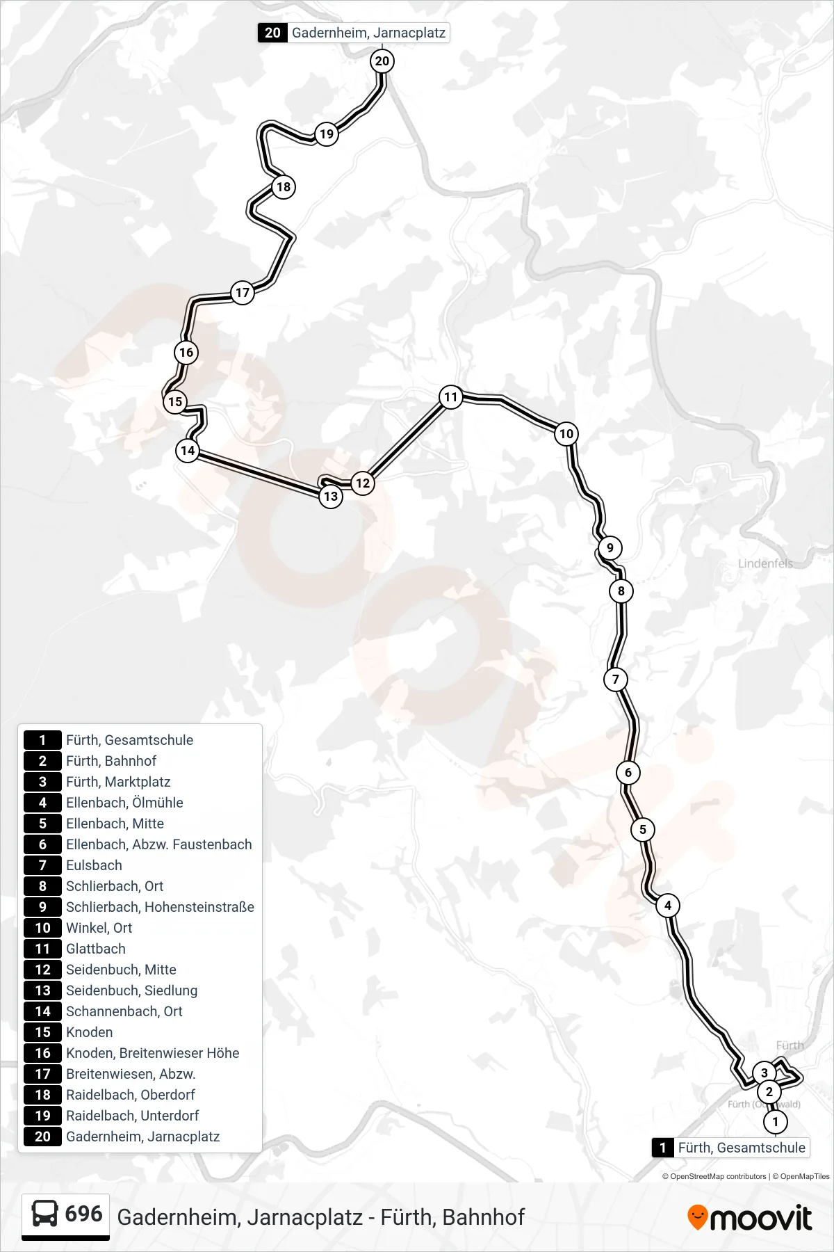 696 bus Line (Gadernheim, Jarnacplatz) route and stops on a map