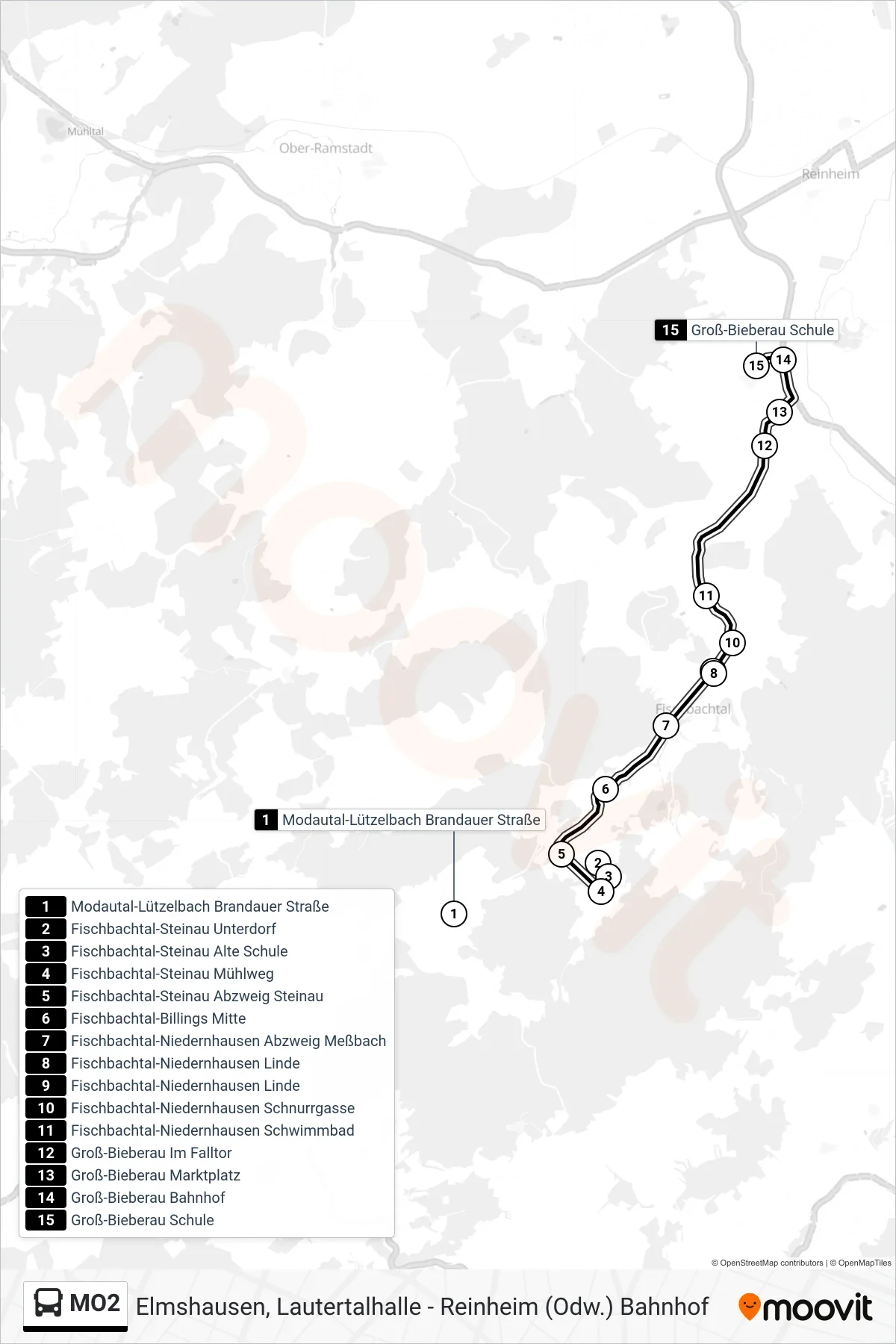 MO2 bus Line (Groß-Bieberau Schule) route and stops on a map
