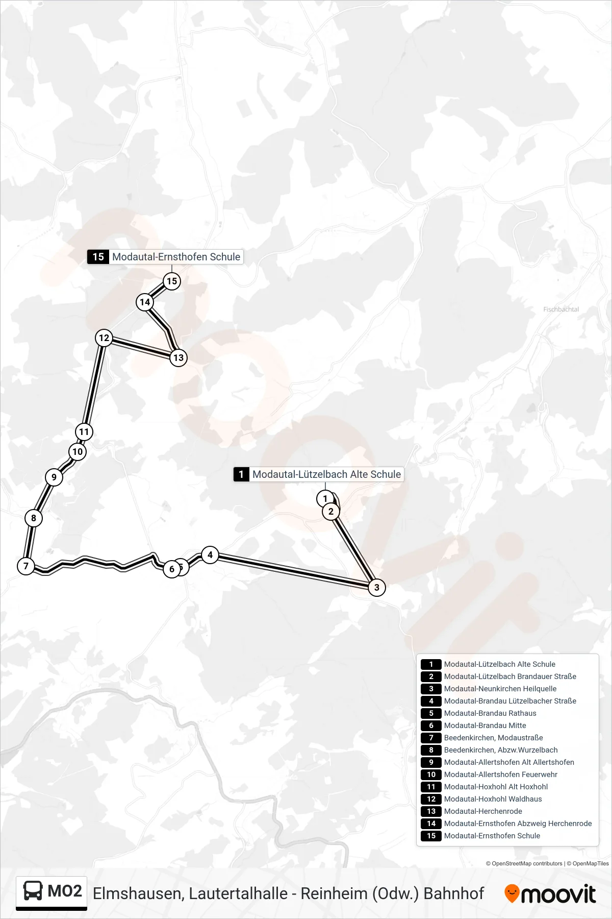 MO2 bus Line (Modautal-Ernsthofen Schule) route and stops on a map
