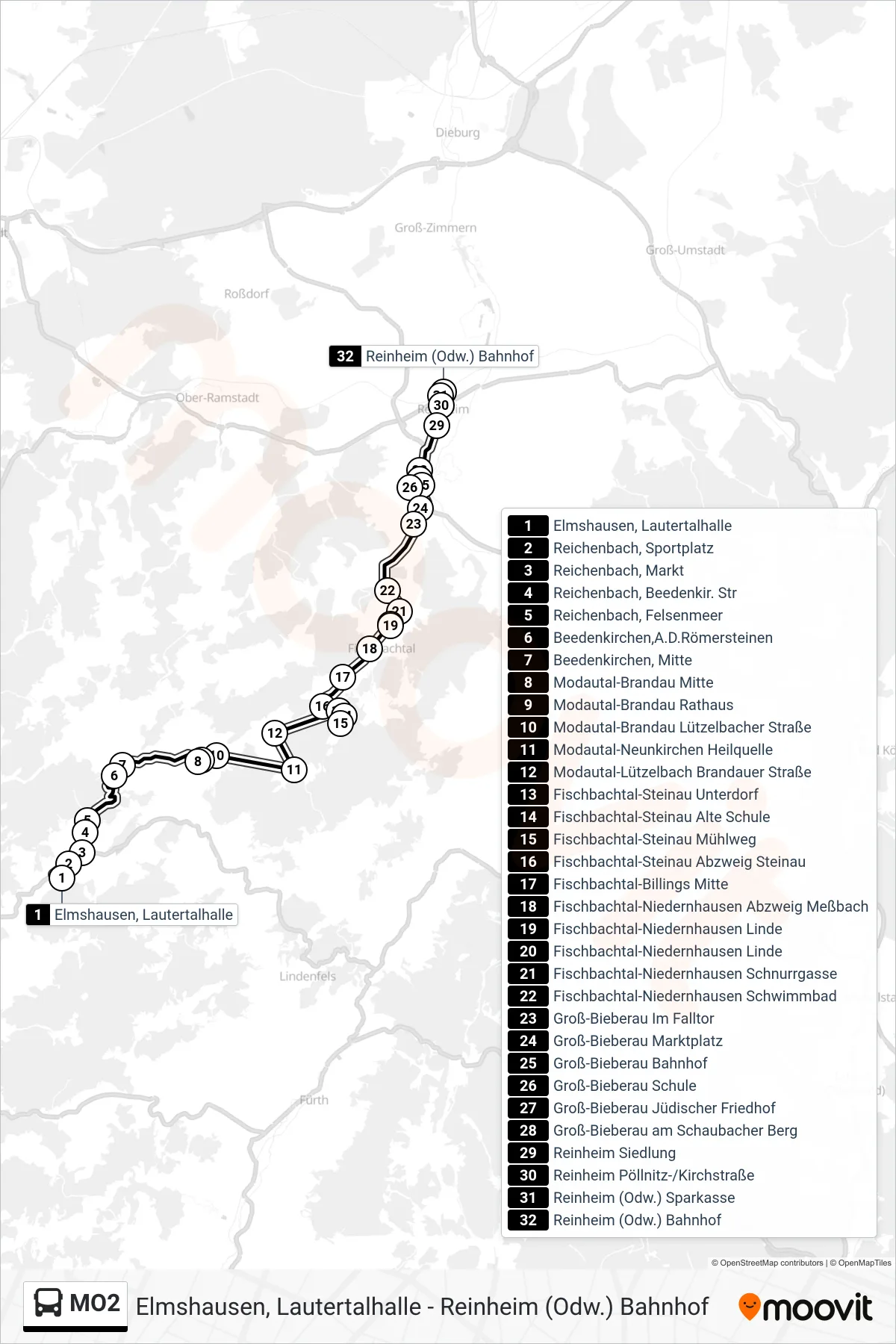 MO2 bus Line (Reinheim (Odw.) Bahnhof) route and stops on a map